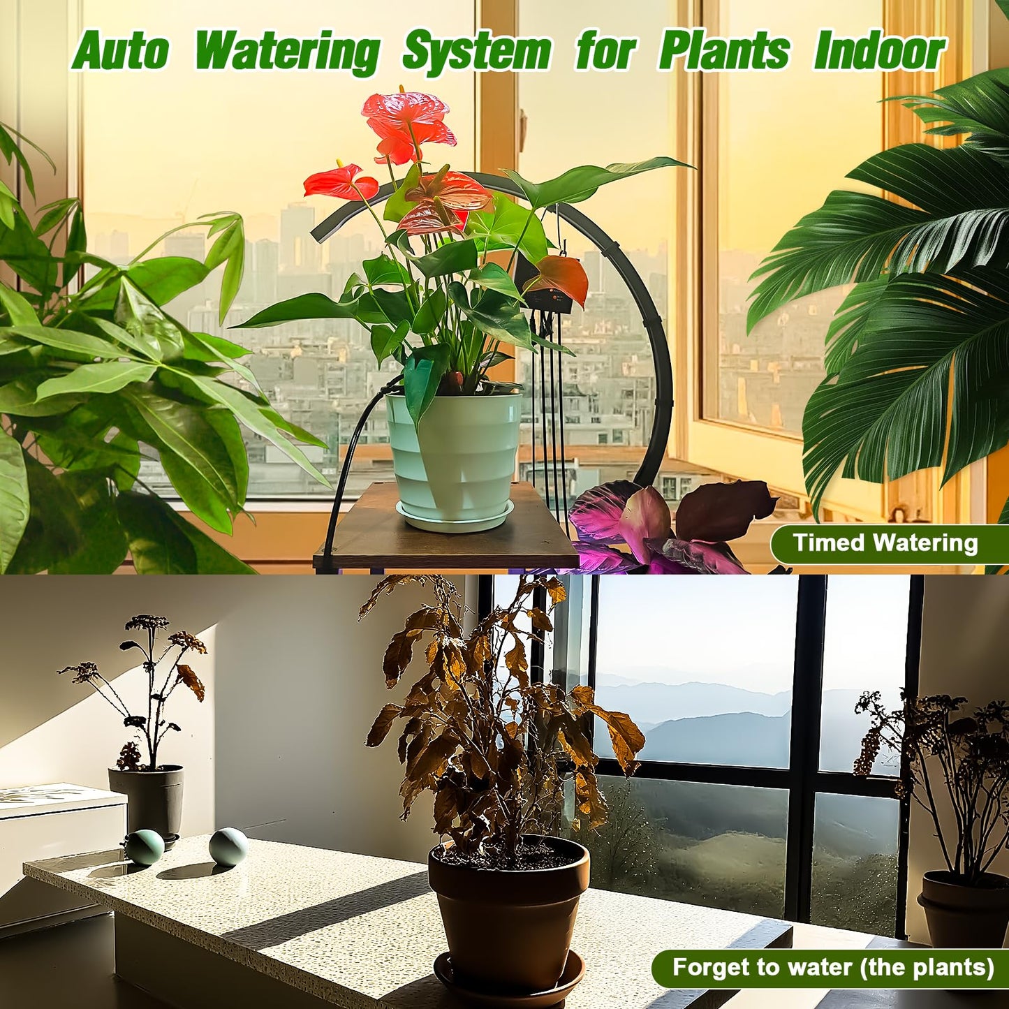 Automatic Watering System for Indoor Plants, DIY Drip Irrigation Kit with Timer for Potted Plants,Self Watering Device for Garden, Greenhouse & Vacation Plant Care (10 pots, Adjustable dripper)