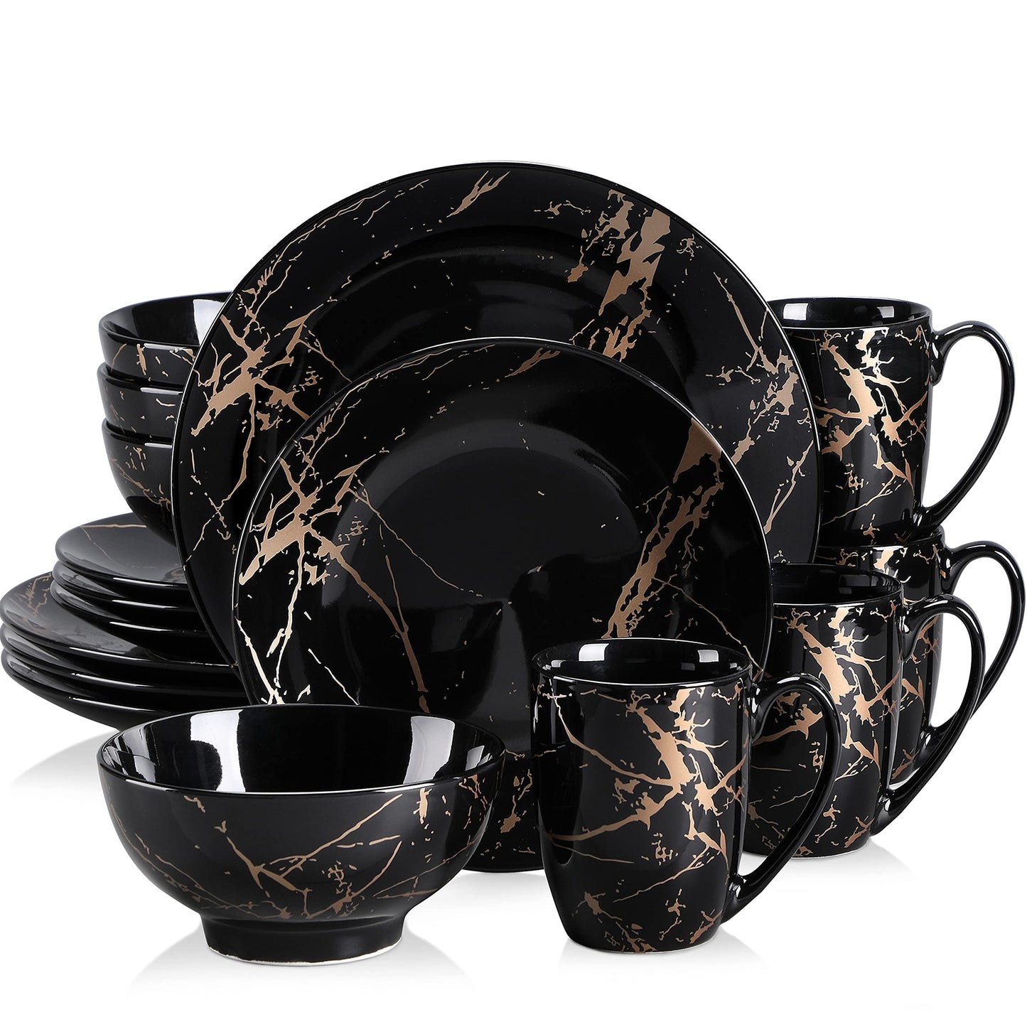 LOVECASA Black Plates and Bowls Sets for 4, Porcelain Dinnerware Sets 16 Piece Gold Splash Glaze Ceramic Dish Set, Round Dinner Set with Mugs, Dishwasher Microwave Safe