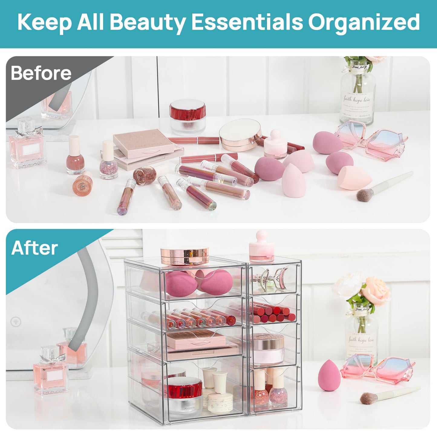 Vtopmart Acrylic Organizer with 8 Drawers, Desk Organizers and Accessories, Clear Makeup Organization, Dustproof Storage Drawers for Office Art Craft Supplies