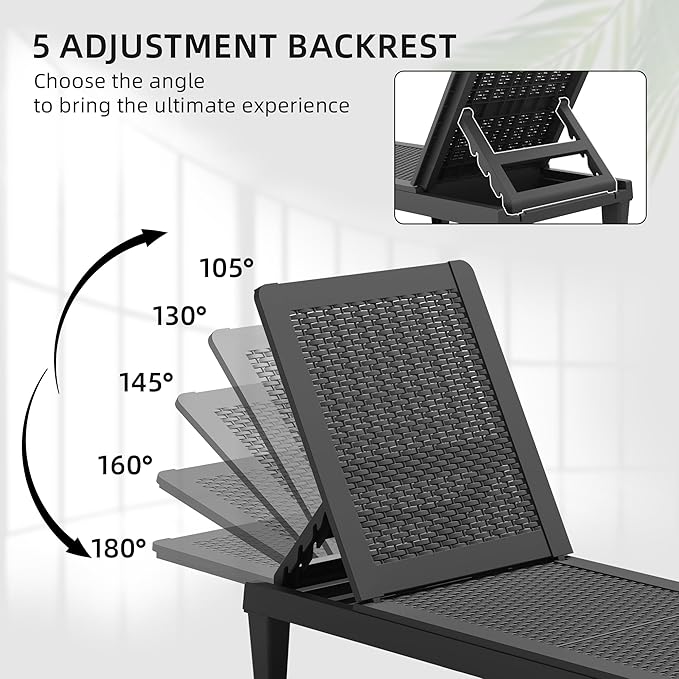 Greesum Outdoor Patio Chaise Chair with 5-Position (Set of 2) Adjustable Backrest, Waterproof Sun Lounger, Easy to Assemble, for Pool, Garden, Deep Black