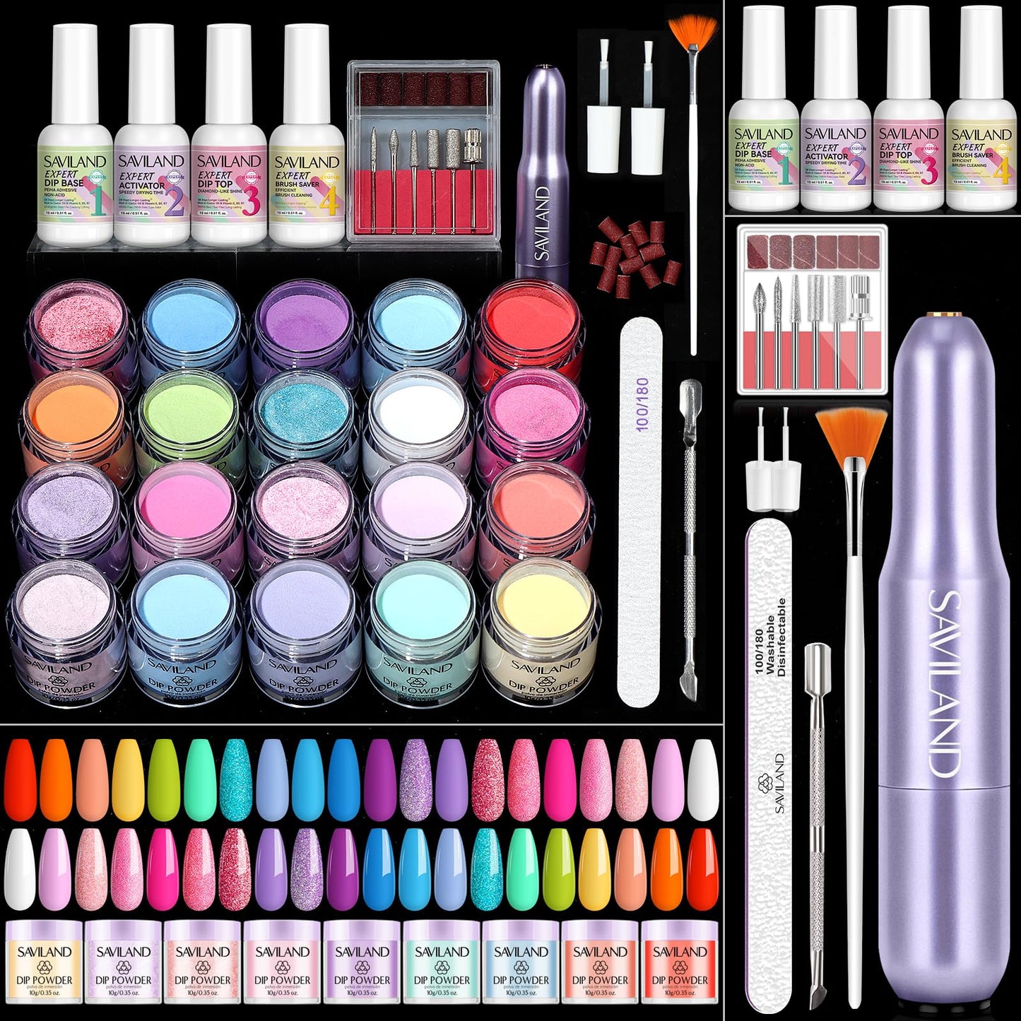 SAVILAND Dip Powder Nail Kit with Drill - 20 Colors Summer Neon Dip Nails Powder Starter Kit with Everything Dip Liquid Dipping System Base Top Coat Activator Manicure Art Salon DIY Christmas Gift