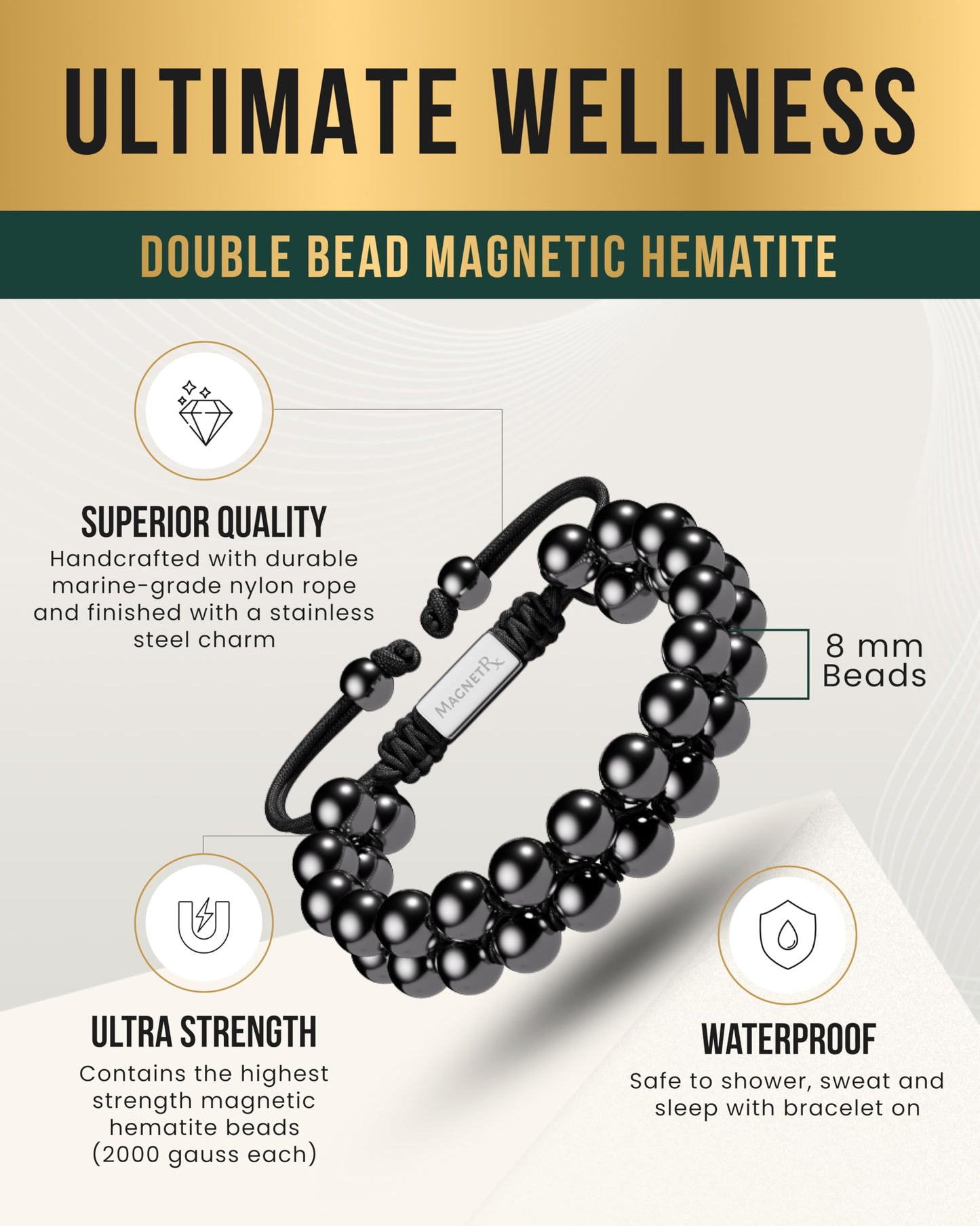 MagnetRX® Magnetic Hematite Bracelet – MAX Strength Magnetic Stones – Beaded Magnetic Bracelets for Men and Women (Double Strength 8mm)