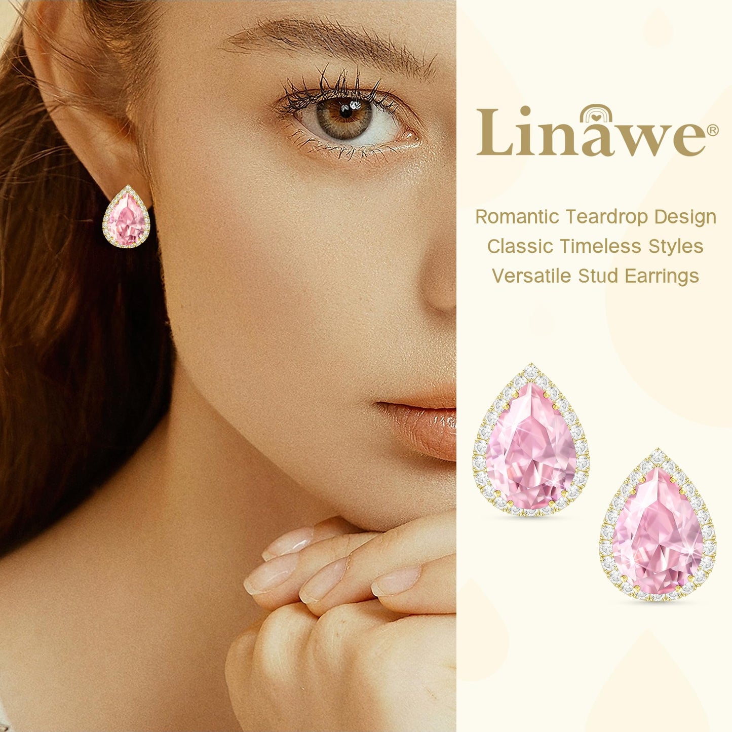Linawe Pink Earrings Studs for Women, Imitation Diamond Morganite Cartilage Earring Set, Gold Stud Earrings Iridescent Rhinestone Crystal Teardrop Earrings Hypoallergenic