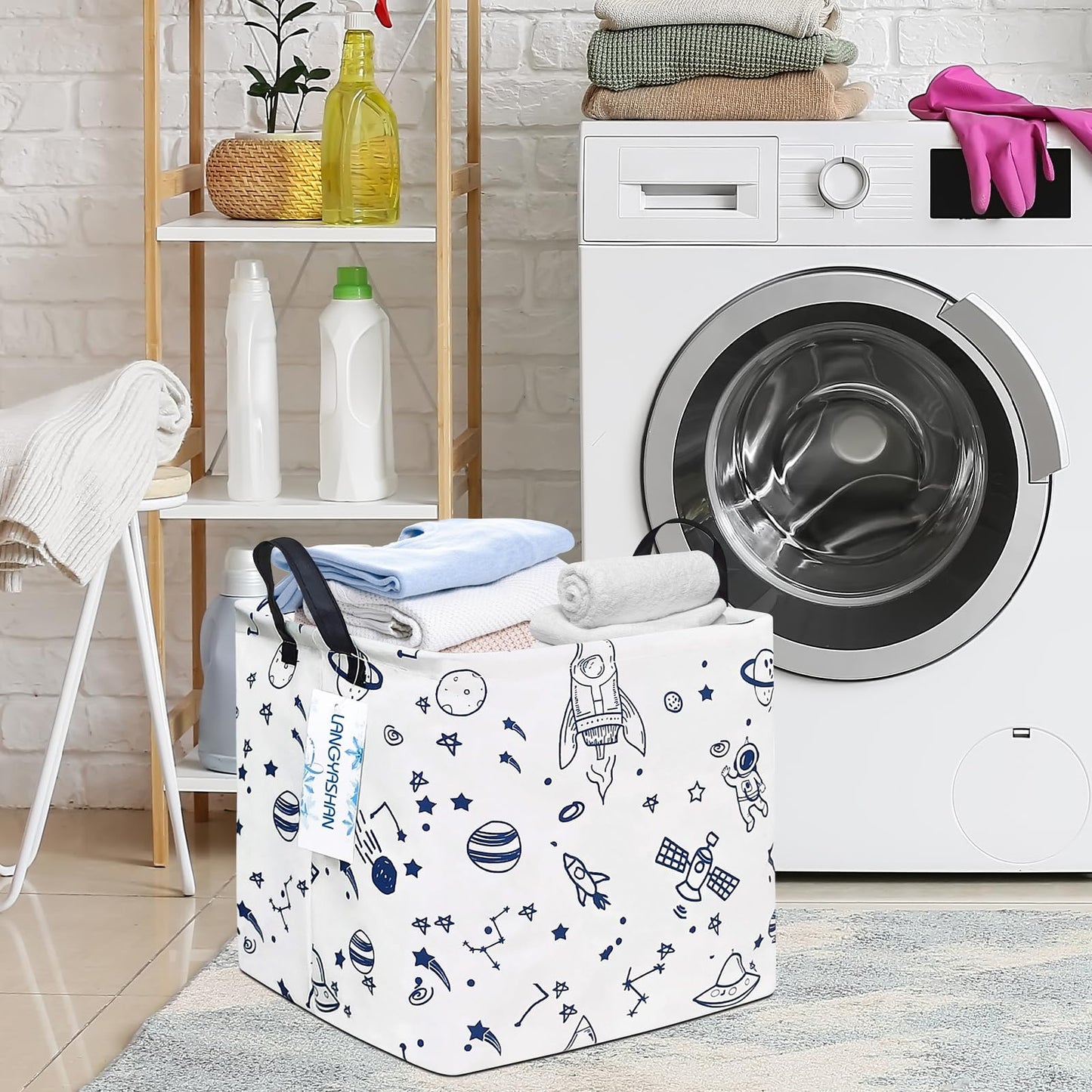LANGYASHAN Square Storage Baskets Waterproof Canvas Children Laundry Nursery Hamper for Shelves Gift Baskets Toy Organizer Room Decor (Square spaceship)