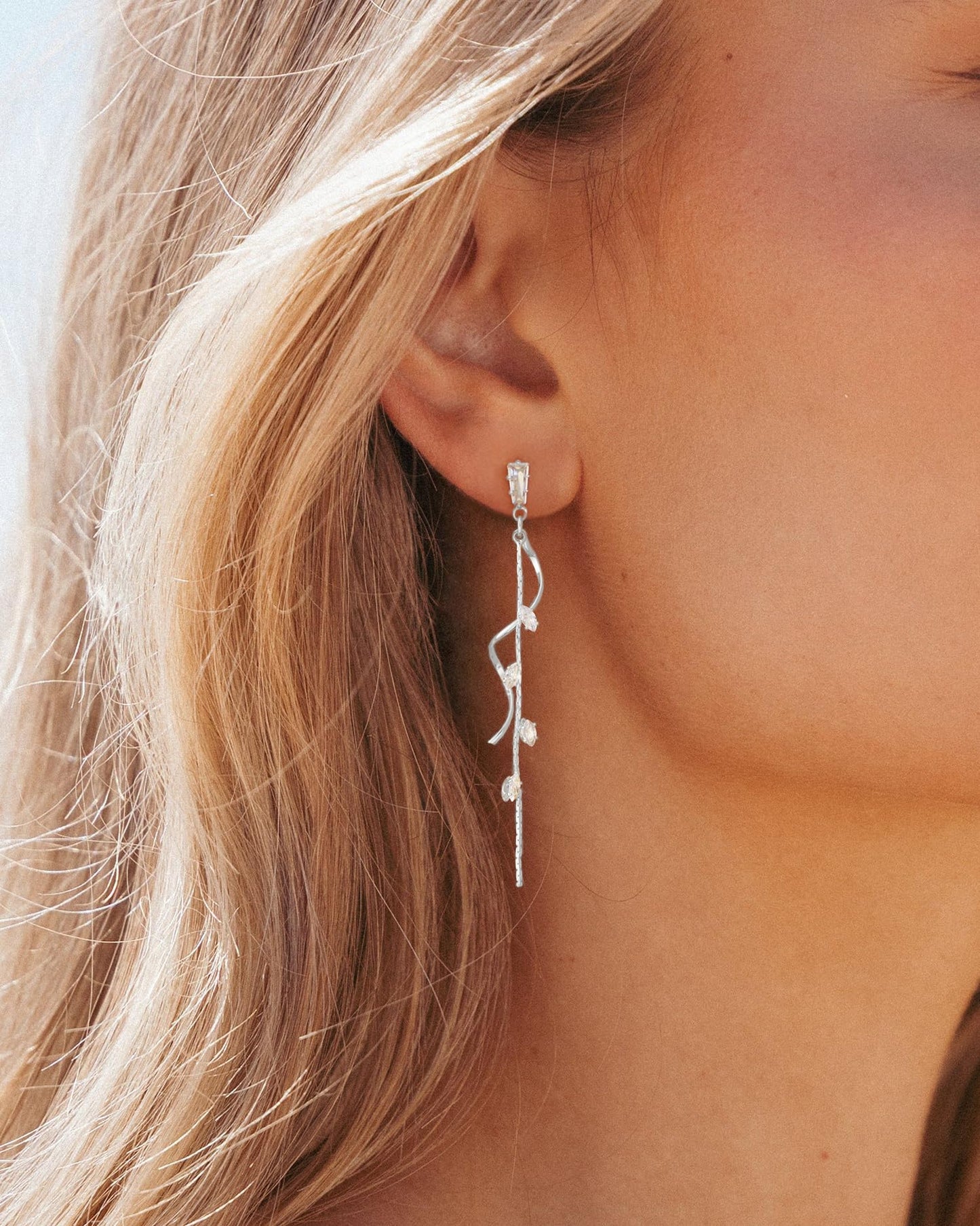 PRTGL Dangle Earrings for Women - 14K White Gold Plated Long Twist Tassel Dangle Earrings with Tiny Cubic Zirconia