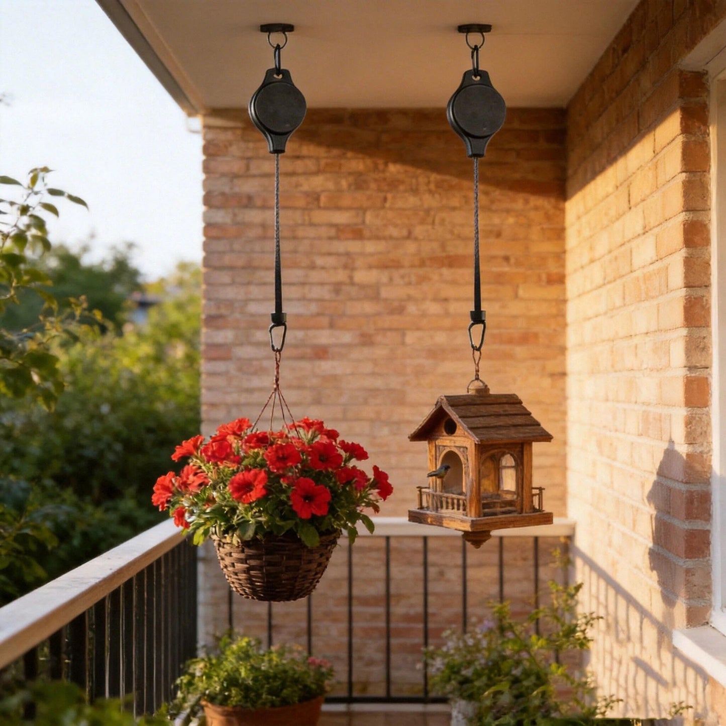 DKUWBJAS Retractable Plant Hanger Heavy Duty - Adjustable Hanging Height for Flower Baskets, Planters & Bird Feeders on Patio, Balcony - Strong Pulley System - 2-Piece Set
