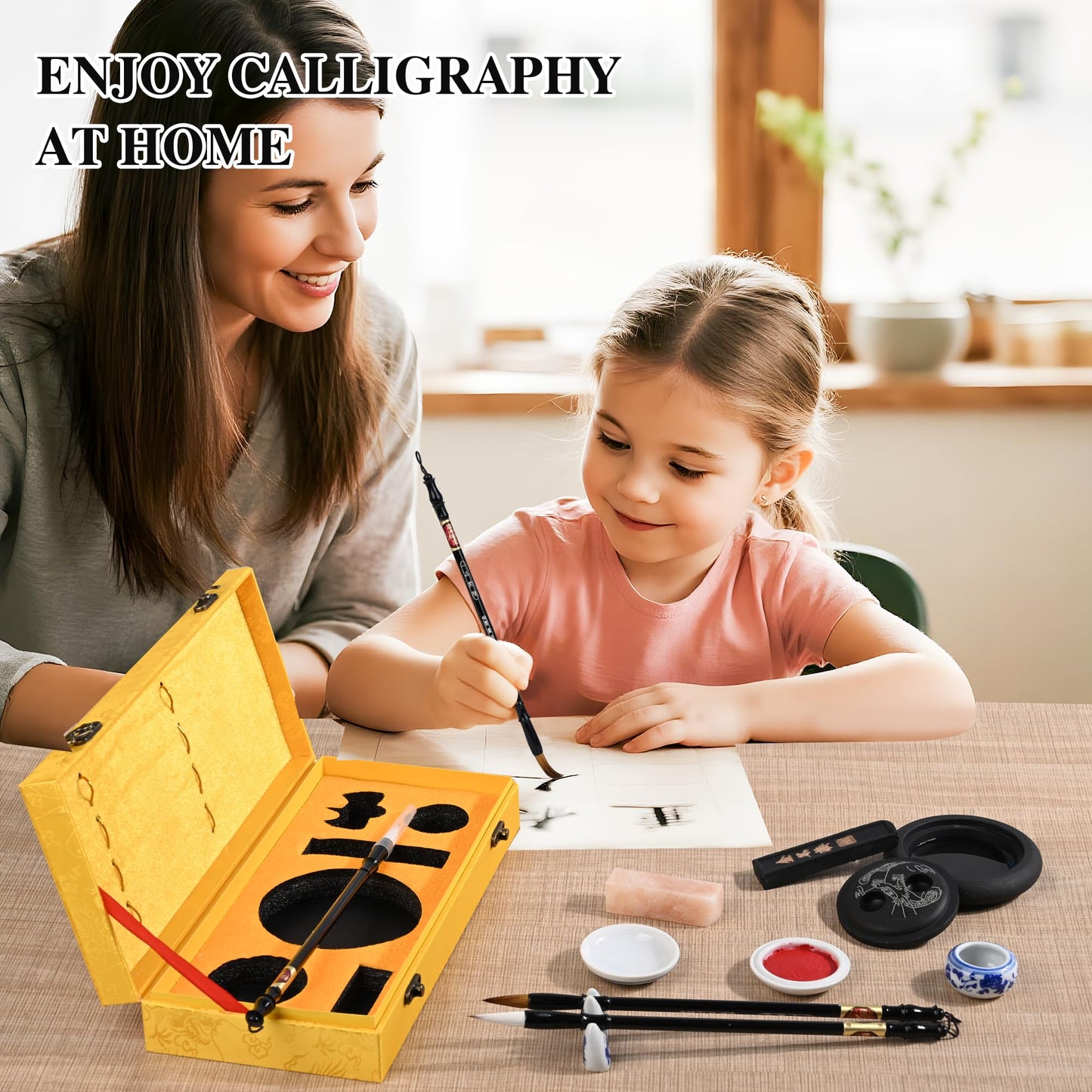 I-MART Chinese Calligraphy Set for Beginners with 4 Brushes, Ink Stone, Ink Stick, Red Ink Paste, Seal, Porcelain Water Bowl, Brush Holder, Calligraphy Kits for Beginners and Sumi Painting