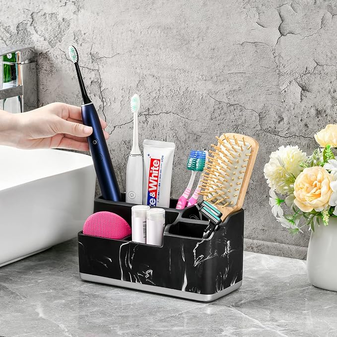 VITVITI Toothbrush Holders for Bathroom, Bathroom Organizer Countertop, 5 Compartment Bathroom Accessories Storage for Toothpaste/Vanity Counter/Sink, Black Resin of Marble Color