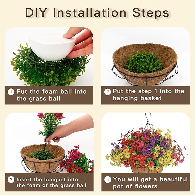 Senjie 12 Bundles Artificial Hanging Flowers with Basket for Outdoor Decor, UV Resistant Faux Flowers Fake Hanging Planter for Porch Patio Balcony