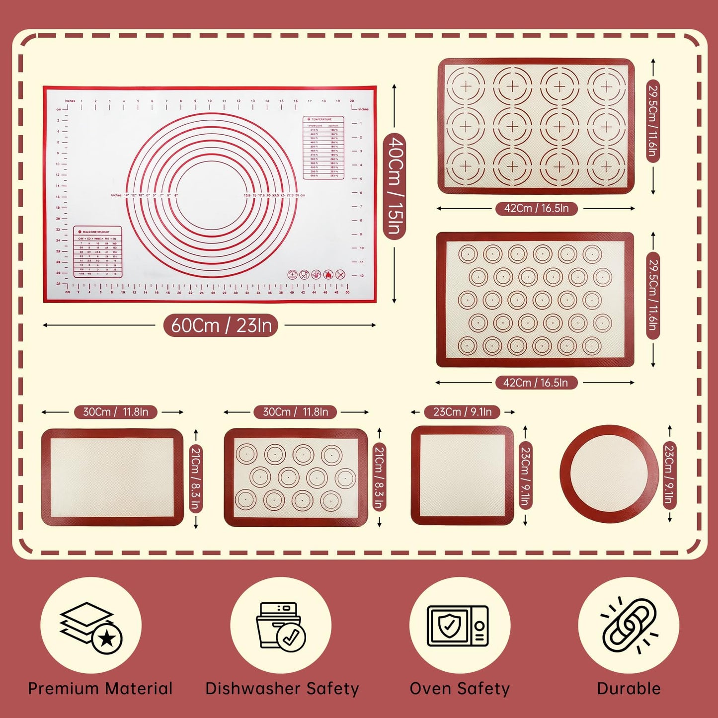 HEIFAM Non-stick Silicone Baking Mat Set of 7, Large Baking Silicone Mat Oven Liner Sheet Reusable, Round Square Cake Mats Tools Accessories, Baking Mats with Measurements for Macaron Dough Pastry red