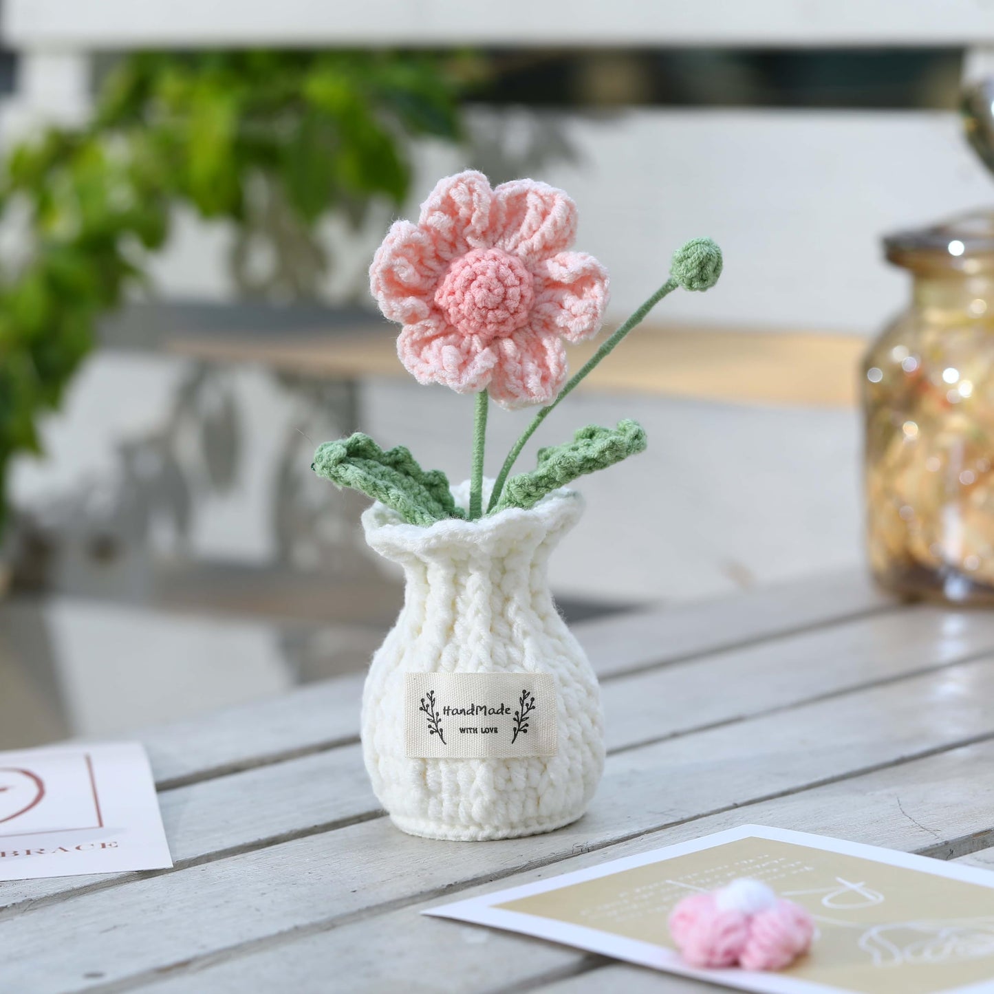 YOOJEE Daisy Crochet Flower Potted Plant – Pink, Handmade Knitted Desk Decor