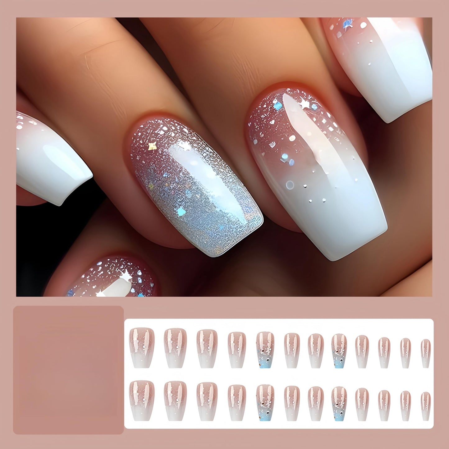 Square Press on Nails Medium Fake Nails Blue Ombre False Nails with Glitter Designs Polygon Sequins Acrylic Glue on Nails with Blue White Gradient Glitter Bling Stick on Nails for Women Girls 24 Pcs