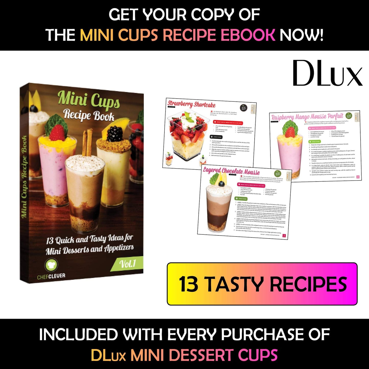 DLux 100 x 3 oz Mini Dessert Cups with Spoons, Square Tall - Clear Plastic Parfait Appetizer Cup - Small Reusable Serving Bowl for Party Desserts Appetizers - with Recipe Ebook
