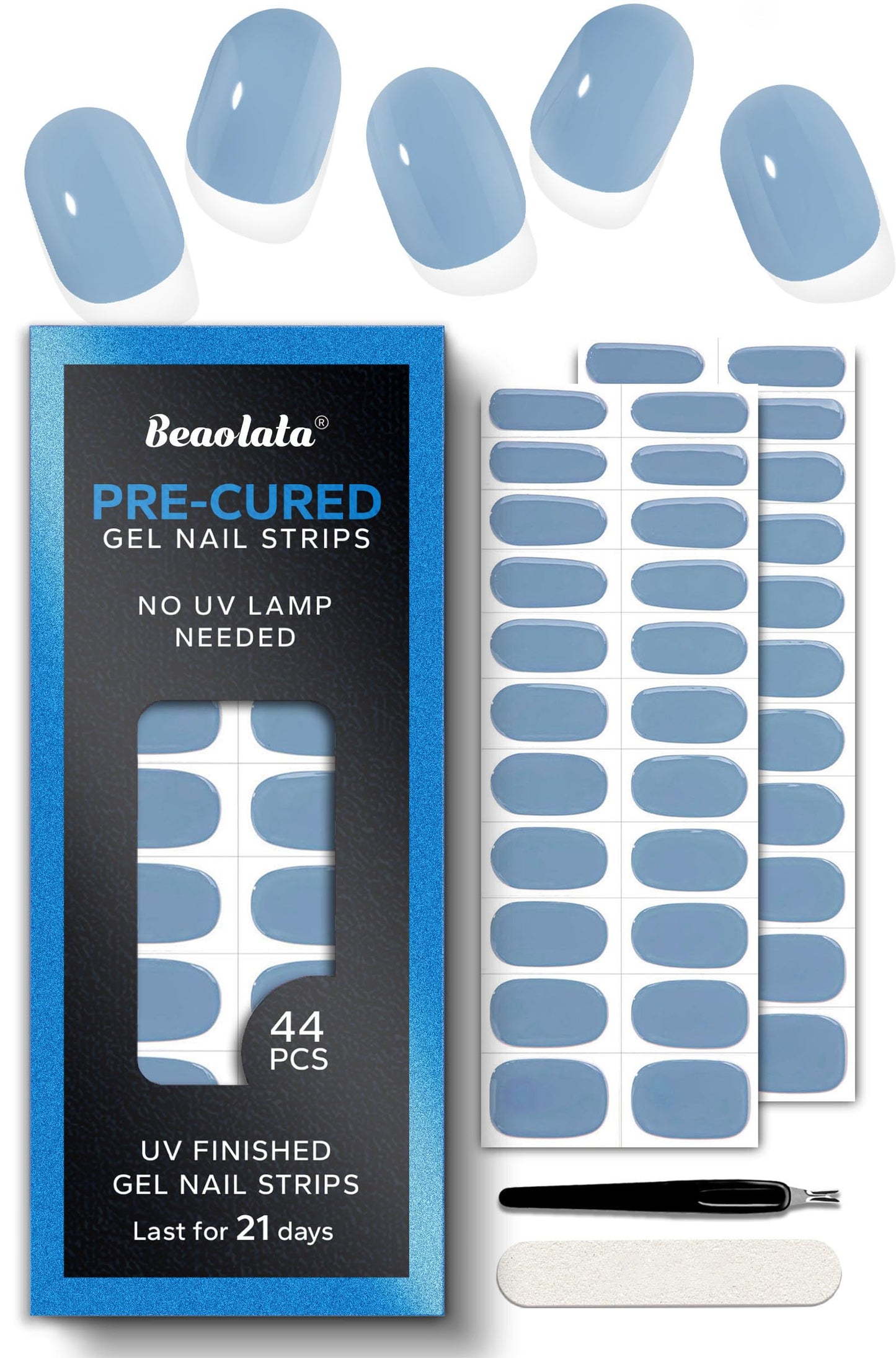 Beaolata Real Gel Nail Strips (No UV Light Needed) - 44Pcs Salon Quality Nail Stickers - Long Lasting Polish Wraps for Women, Easy Apply & Remove (Moss Blue)