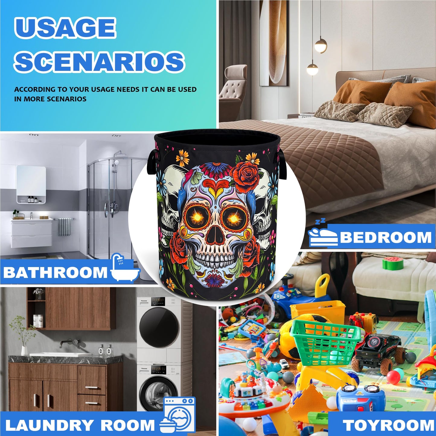 Sugar Skull Laundry Basket Skeleton Print Oxford Cloth Laundry Hamper With Handle Foldable Portable Clothes Storage Basket 18.9 X 16.5 In Storage Bag For Laundry Room/Bathroom/Bedroom/Dormitories
