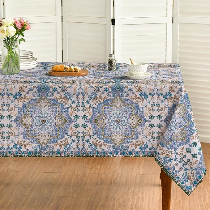 Horaldaily Boho Bohemia Style Tablecloth 60x84 Inch Rectangular, Vintage Country Rustic Farmhouse Magical Fall Blue Washable Seasonal Table Cover for Party Picnic Dinner Decor