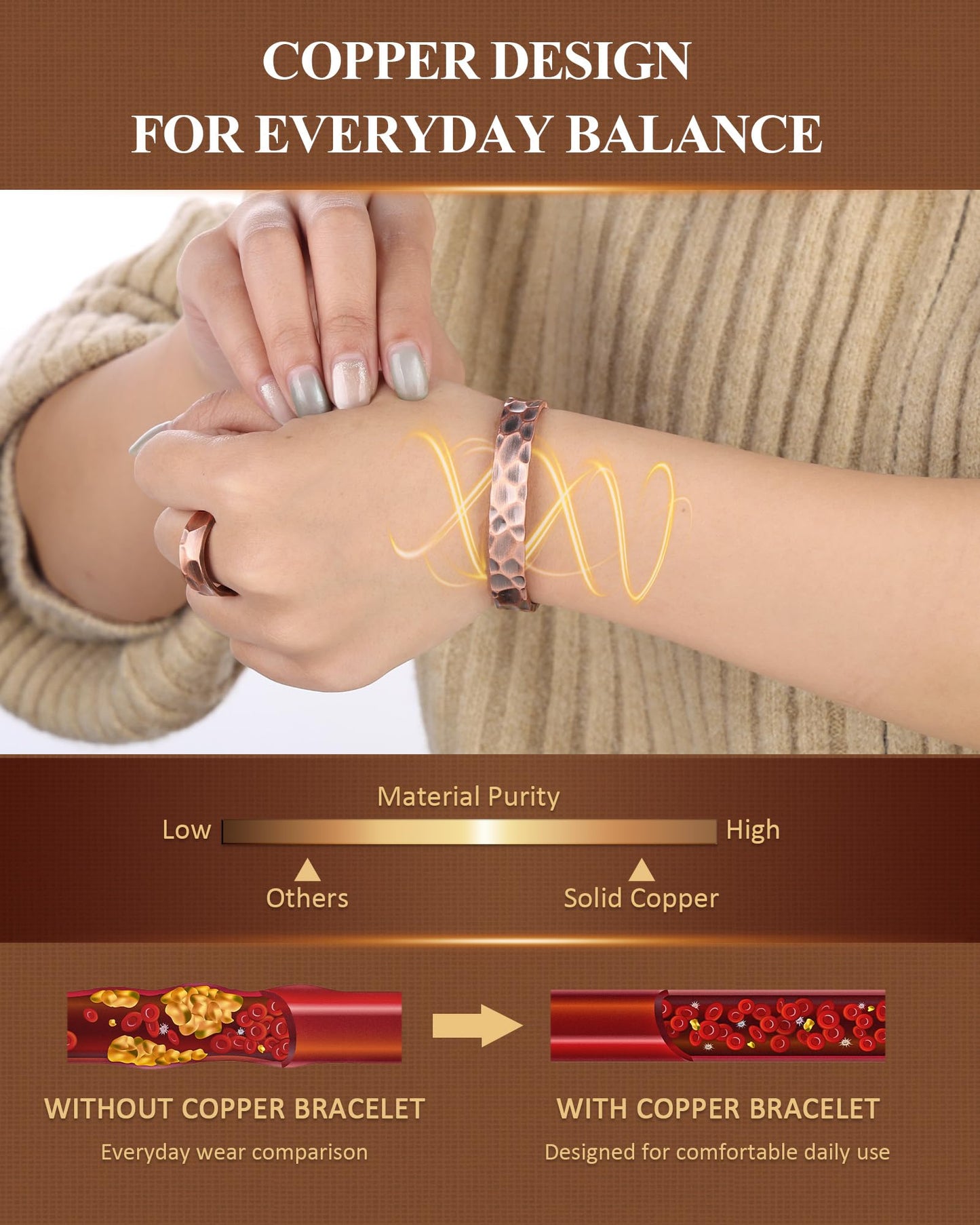 Fashtour Pure Copper Bracelet and Ring Set – Copper Bracelet for Men & Women – 100% Solid, Raw & Uncoated Handmade Hammered Tibetan Cuff Bangle (copper079)