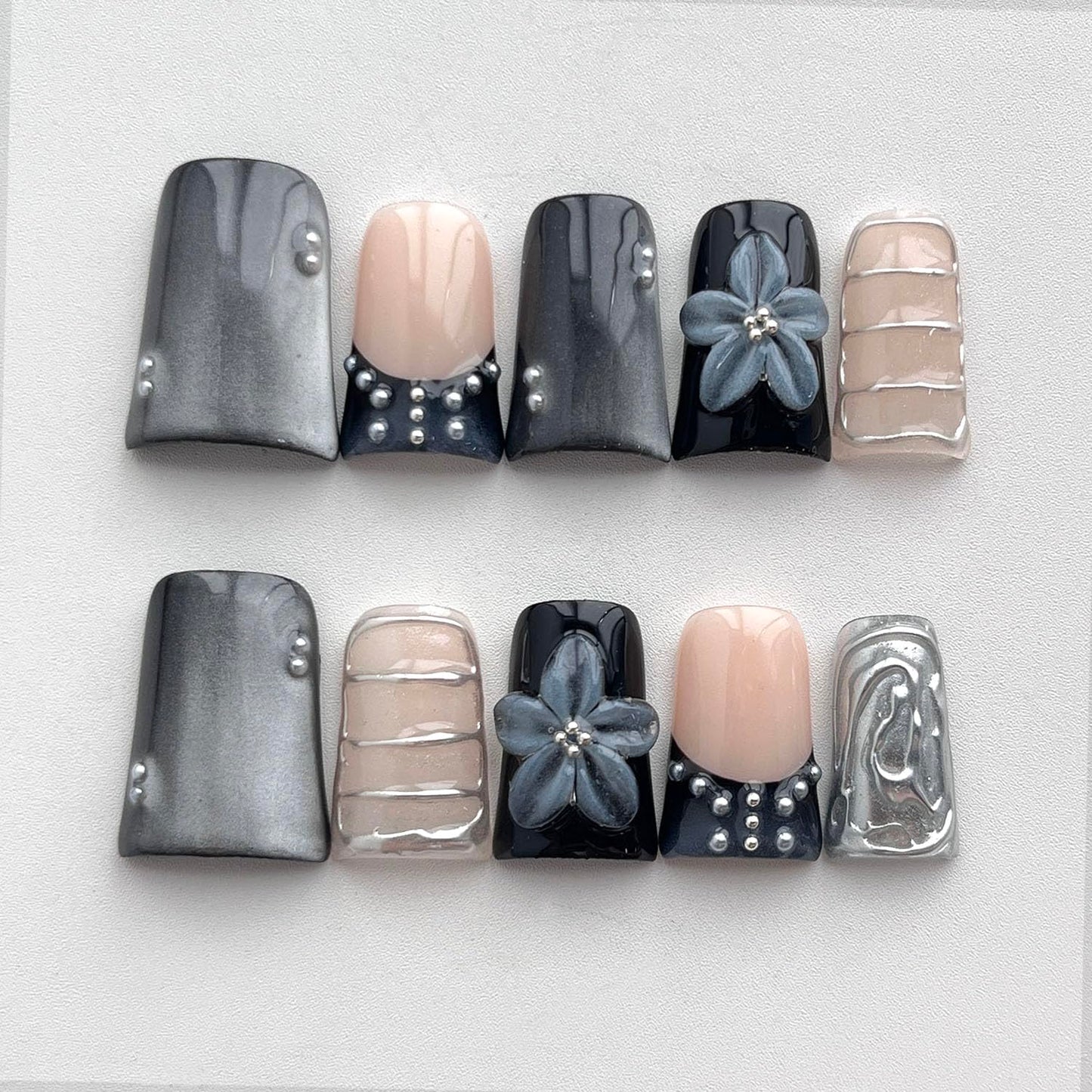 French Tip Press on Nails Handmade Short Duck 3D Flower Thick Acrylic Nails Black Sparkly False Nails with Pearls Silver Chrome Powder Designs Glossy Fake Nail Sturdy Art Press on Nail 10Pcs(S)