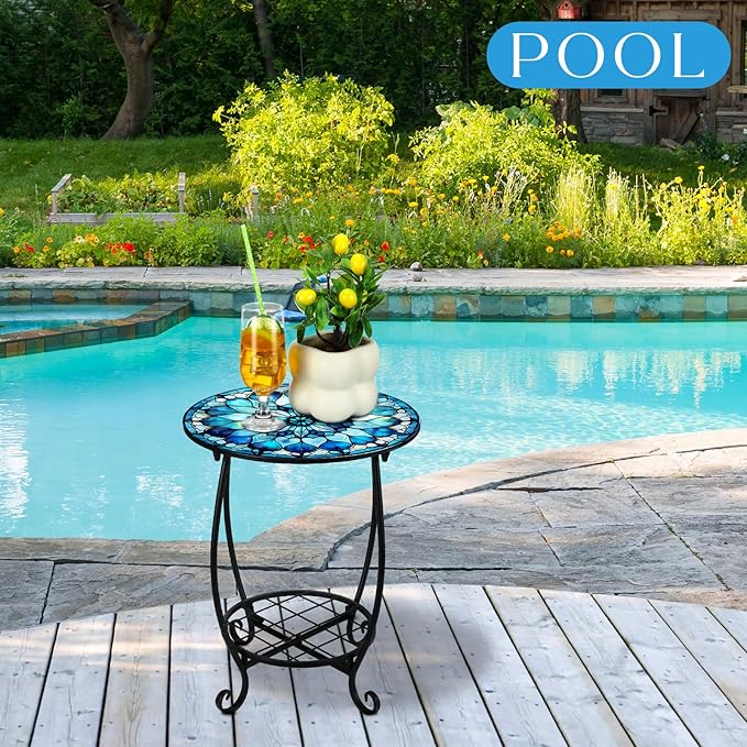 Outdoor Side Table Round Small Mosaic Patio Accent Indoor End Plant Coffee Tea Table for Yard Patio Porch Garden Living Room, Bedroom(Mandala Style,12 Inch)