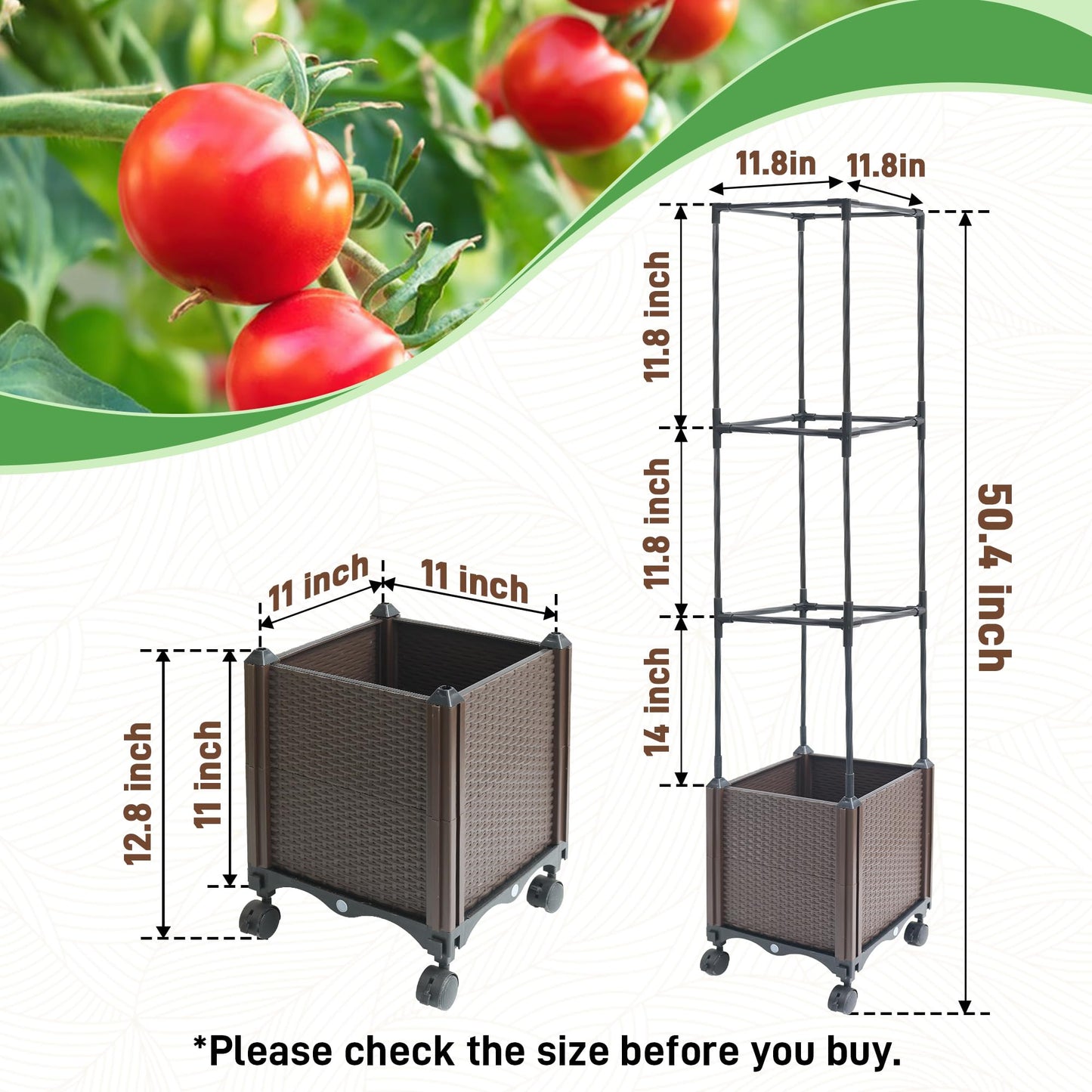 Quibbay Raised Garden Bed with Tomato Planter Cage,50.4" Self Watering Tomato Planter with Plastic Coating Steel Pipe for Climbing Vine Flowers Outdoor, Tomatoes Cage with Trellis Wheels, 1Pack