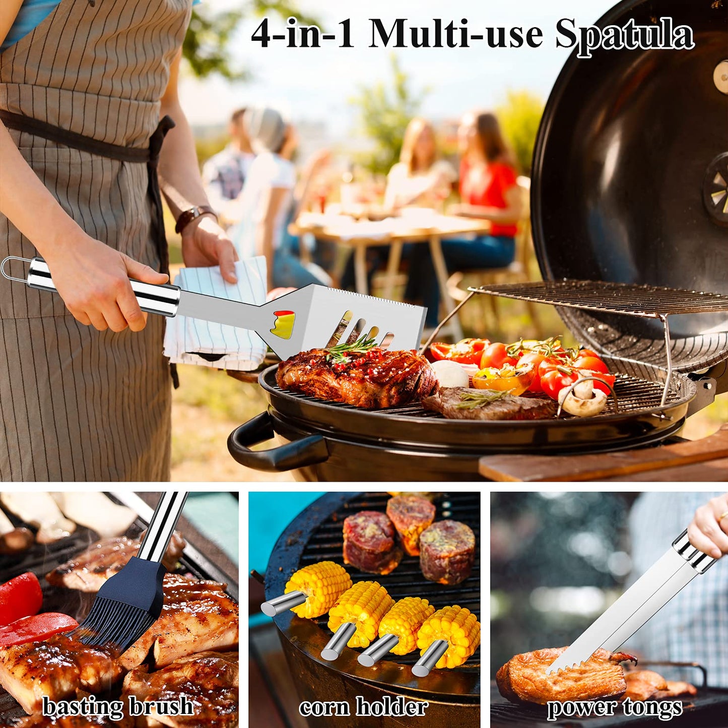 ROMANTICIST 27pcs Heavy Duty Grilling Gifts for Men Dad Fathers Day, Extra Thick BBQ Accessories Tools Set, Stainless Steel Grill Utensils Kit with Meat Claws, Canvas Bag for Outdoor Camping Silver
