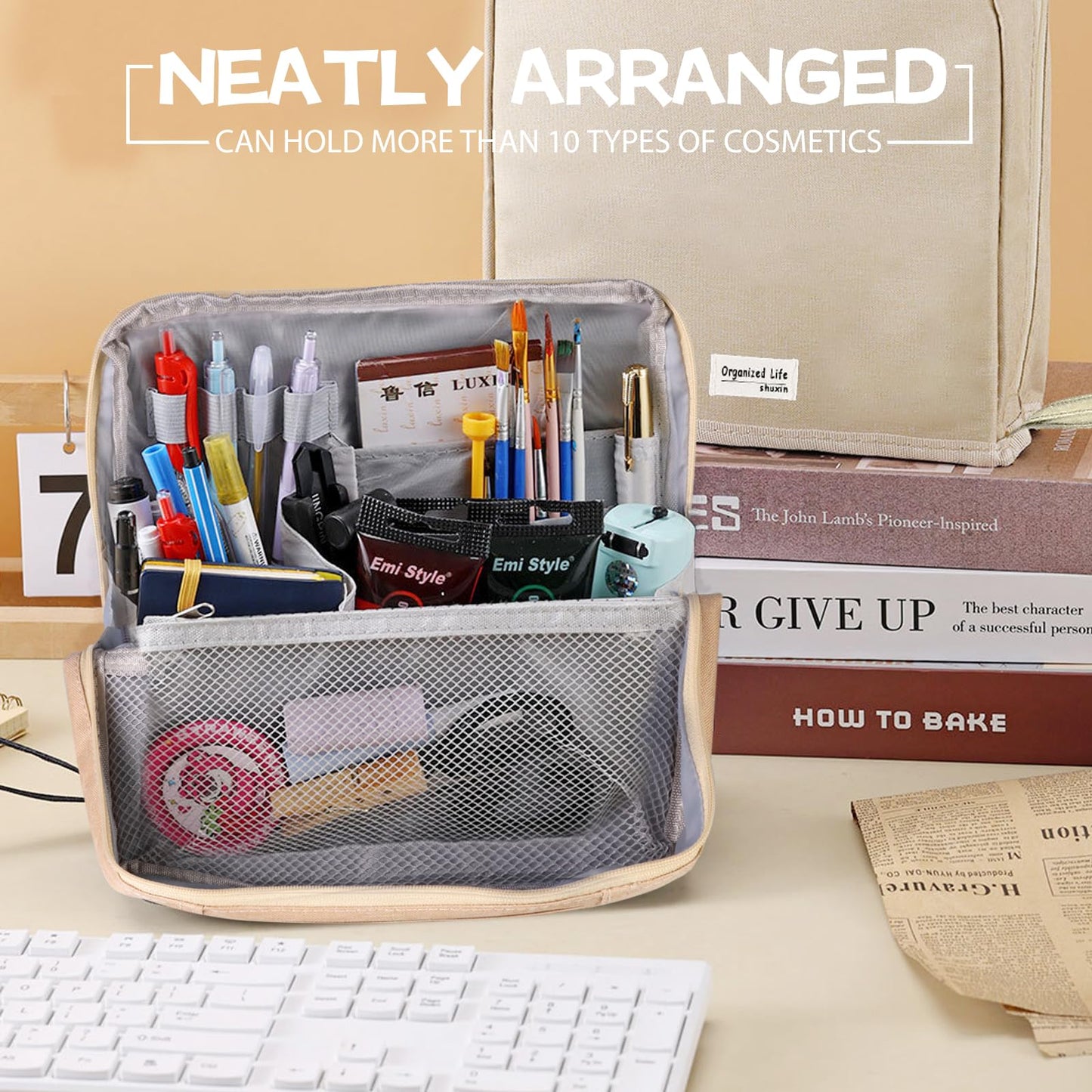 ONRSV Large Capacity Standing Makeup Bag for Travel, Foldable Hanging Toiletry Organizer with 3 Storage Layers & 8 Inner Pockets, Portable Cosmetic Case for Women (Beige)