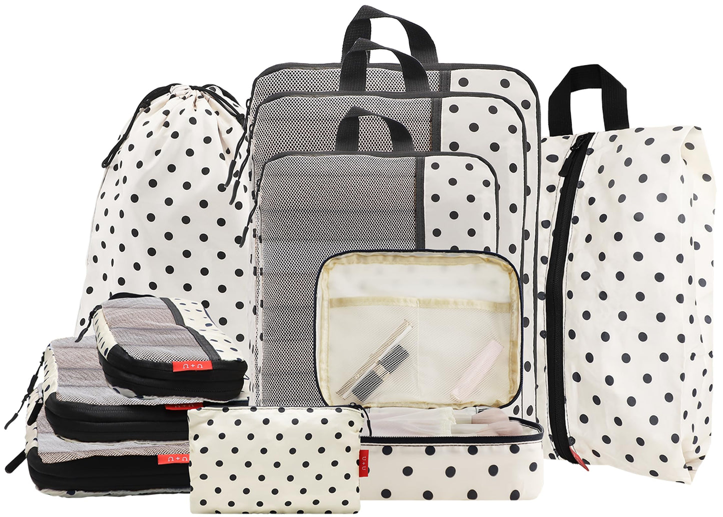 U+U 10 Set Compression Packing Cubes - Travel Organizers with Laundry Bag, Space-Saving Suitcase Organizer, Expandable Packing Organizers for Travel Essentials (Polka Dot)