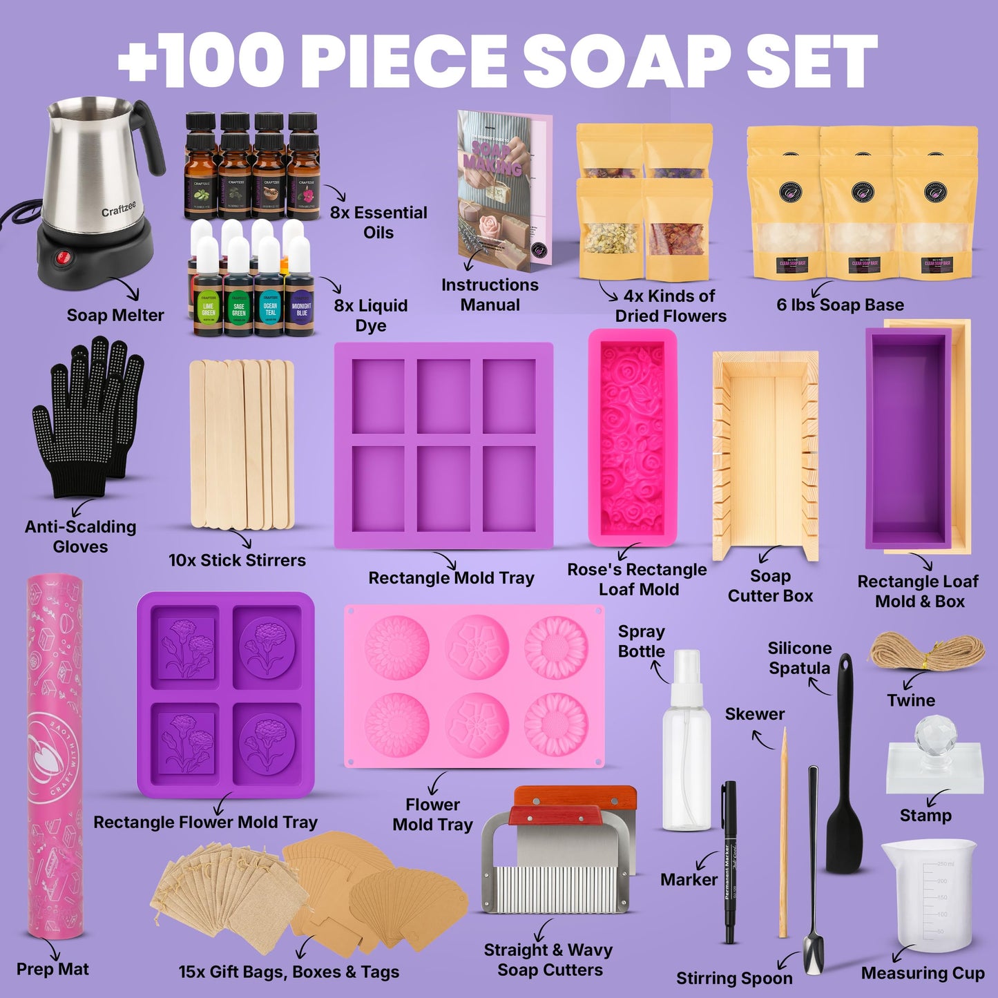 CraftZee 𝗦𝗨𝗣𝗘𝗥 𝗗𝗘𝗟𝗨𝗫𝗘 Soap Making Kit - All-in-One Soap Making Supplies with 6lbs Soap Base, 8 Dyes, 8 Essential Oils, Silicone Molds, Cutters, All Essential Tools & Instructions