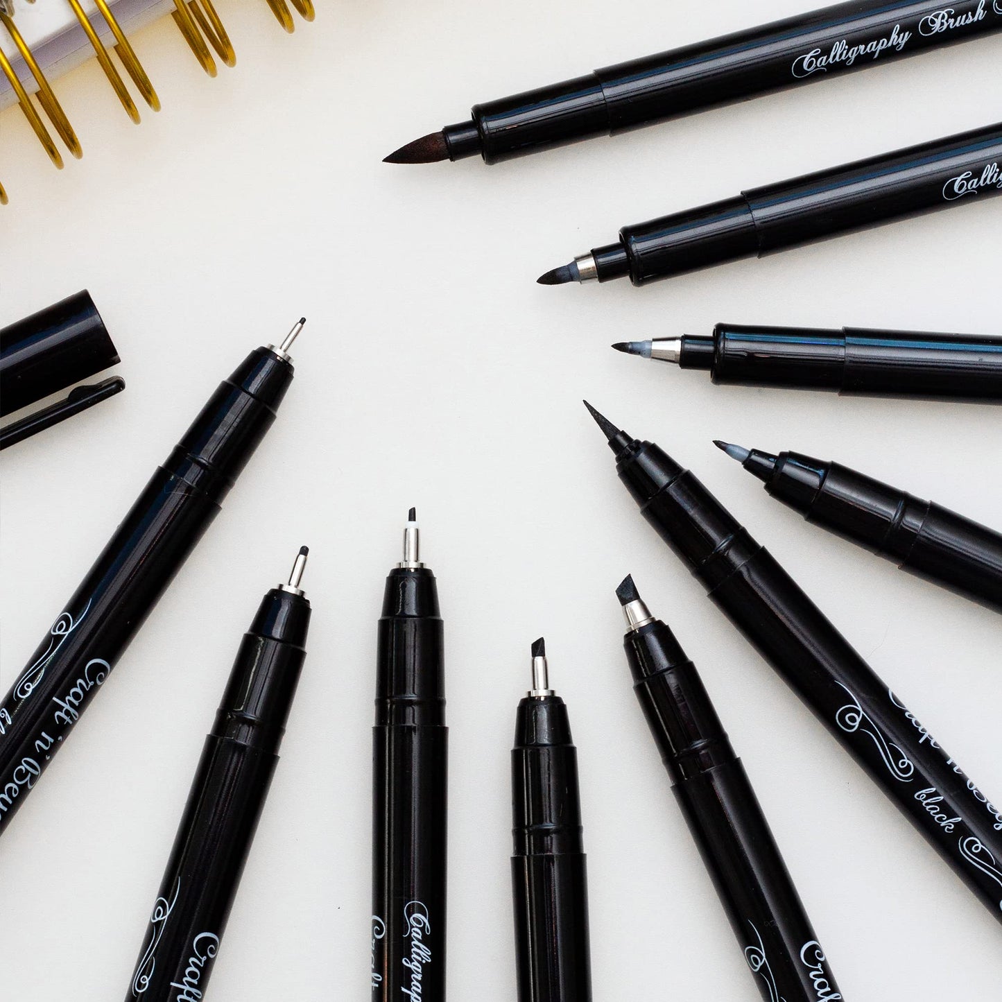 Craft 'n' Beyond Calligraphy Brush Pens Pack of 10 Markers for Hand Lettering, Art Drawing, Sketching, Scrapbooking, Writing, Journaling tip - Beginner Kit with Fadeproof Black Ink