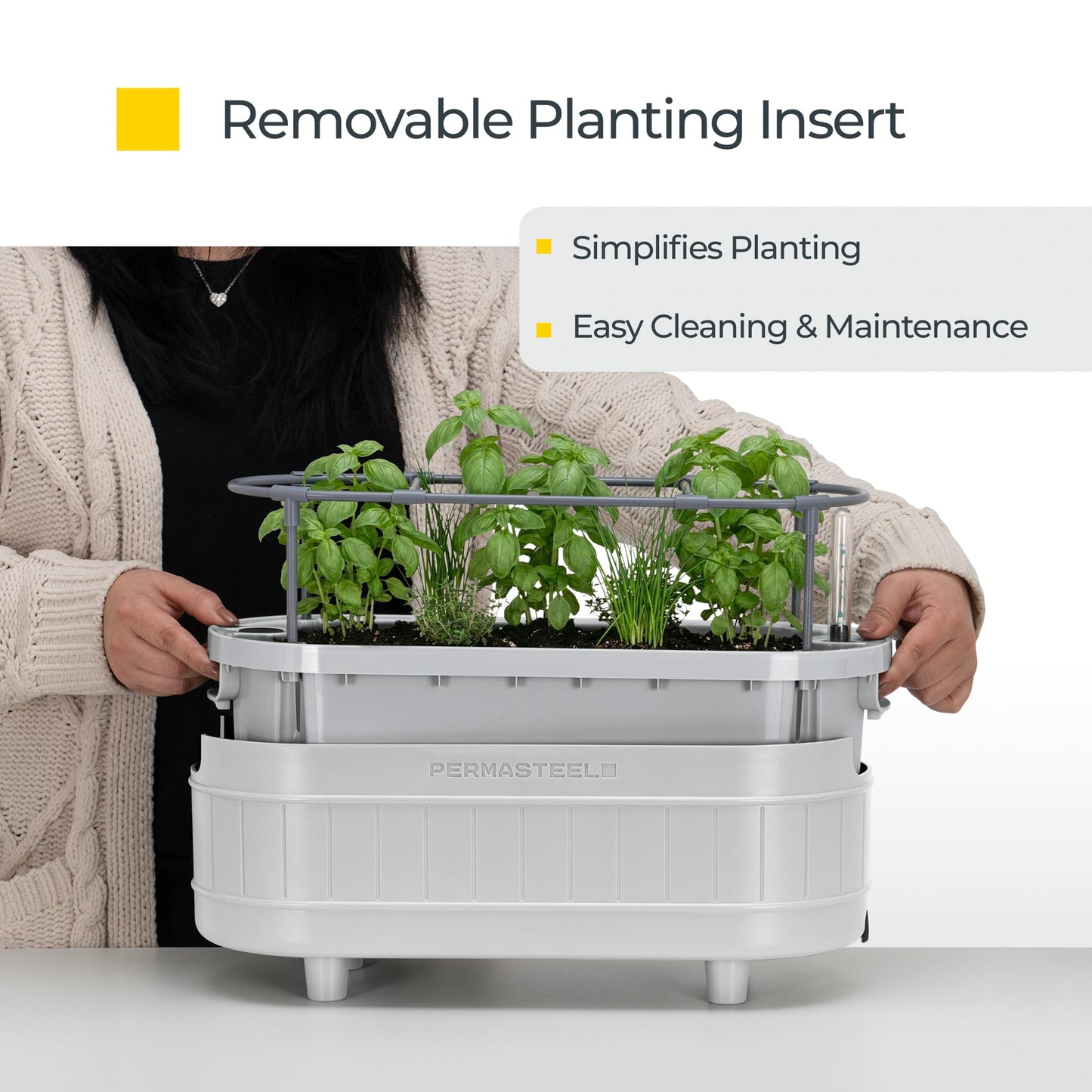 Permasteel Herb Garden Planter with Trellis Support, Self-Watering System with Water Level Indicator, Fits Multiple Herb Plants, for Basil, Flowers, Succulents, Indoor & Outdoor, White