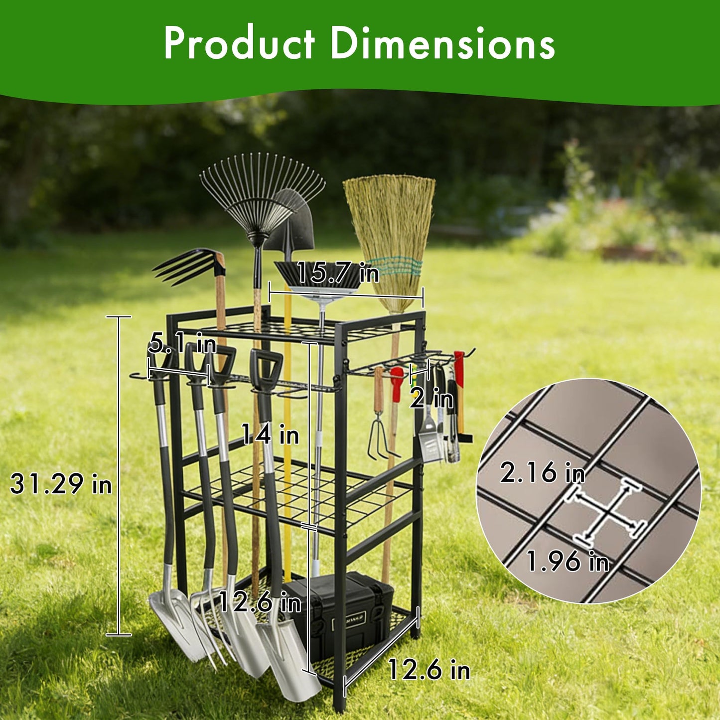 Garden Tool Organizer - 70-Hole Garage Storage Rack with Adjustable Feet & T-Handle Hooks, Broom/Mop Holder for Yard, Shed, Multi-Scene Use, No-Tool Assembly，Rack for Garage Organization Black