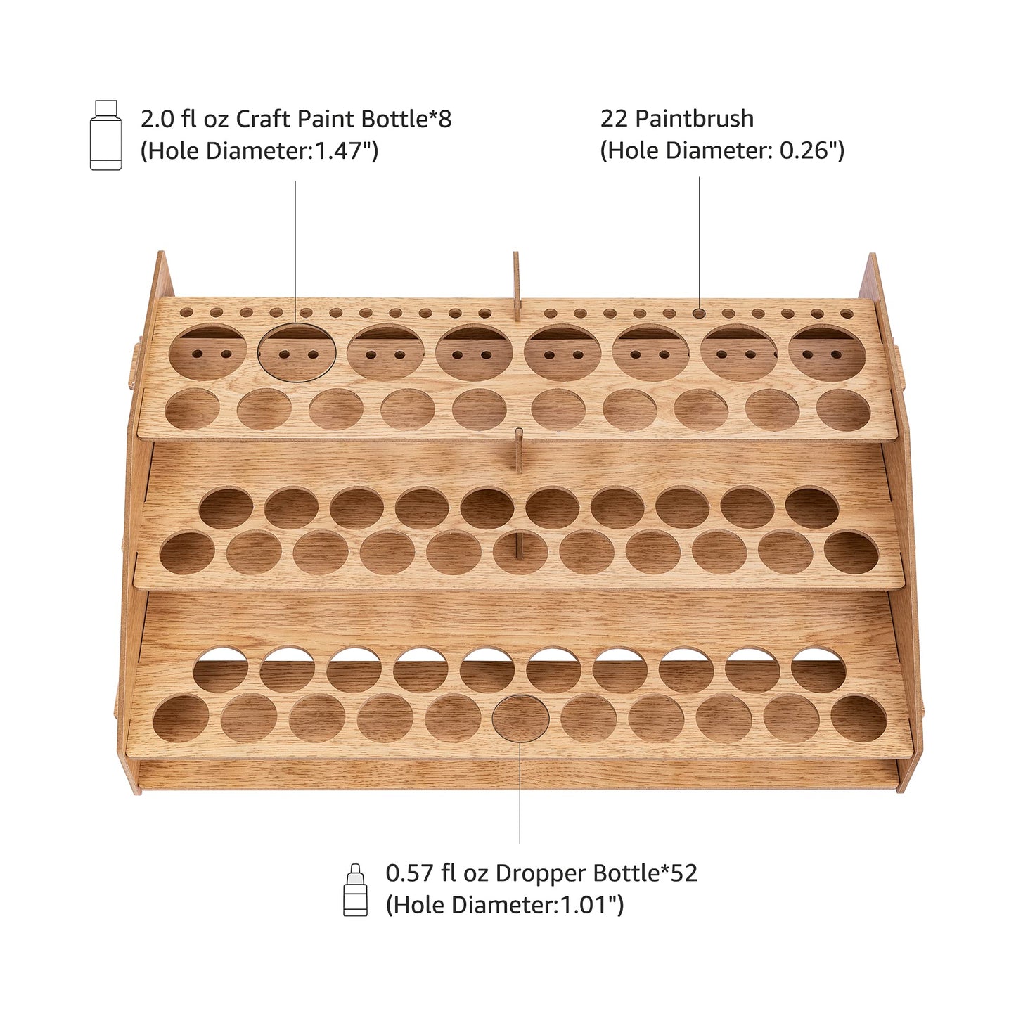 Amazon Basics Craft Paint and Brush Organizer Rack for Paint Bottles, Holds up to 60 Bottles and 22 Brushes, Wood Finish, 14 x 8 in, Light Brown