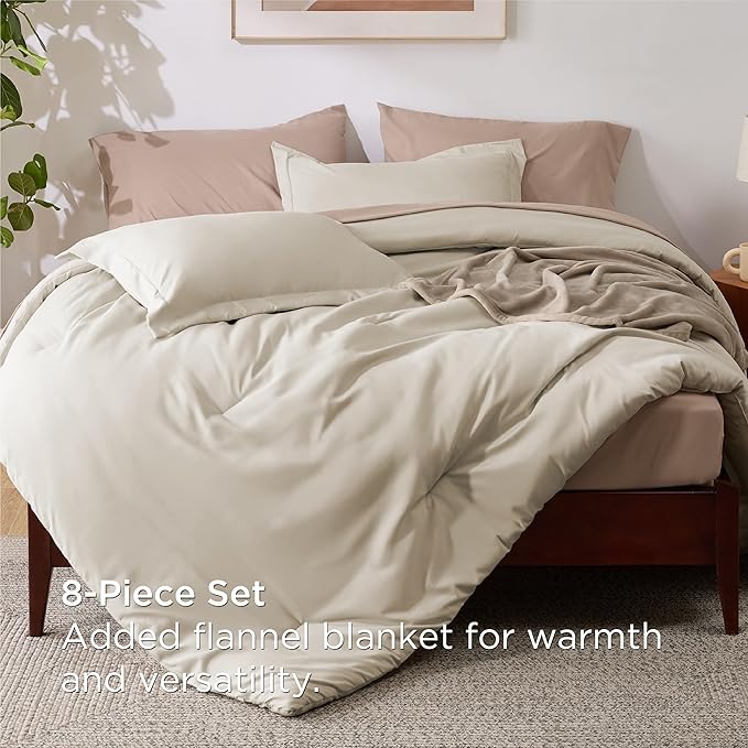 Bedsure Twin Comforter Set Beige, 6 Pieces Prewashed Twin Size Bed in a Bag with Soft Fleece Bed Blanket, Down Alternative Bedding Set for All Seasons, Sheets, Pillowcase & Sham
