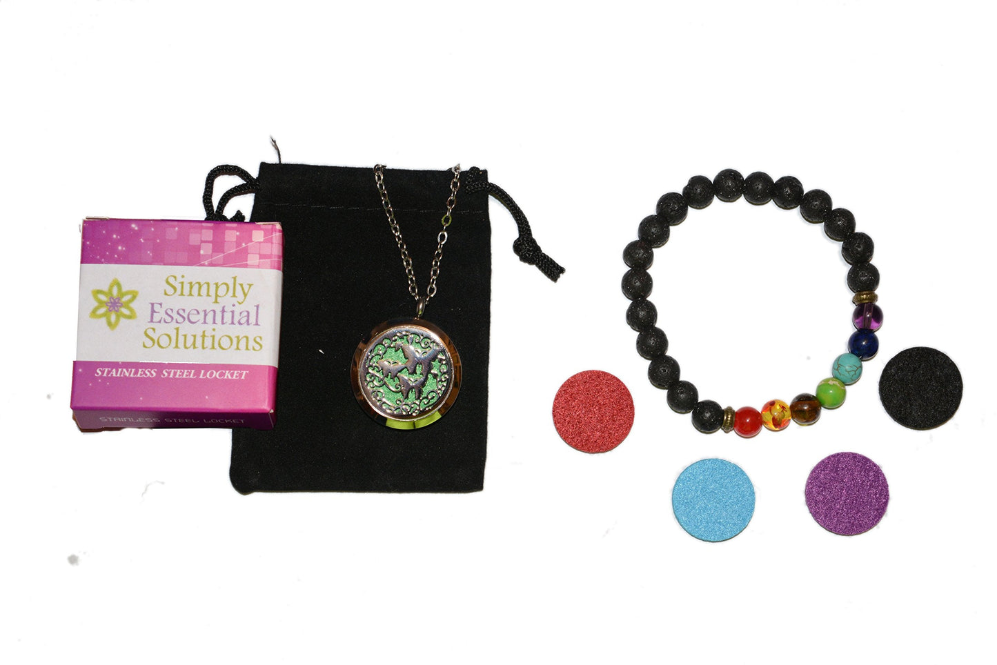 Aromatherapy Essential Oil Diffuser Stainless Steel 30MM Silver Magnetic Locket Pendant with Chain Necklace and Colored Refill Pads & Diffuser Bracelet All in a Velvet Bag (butterfly3)