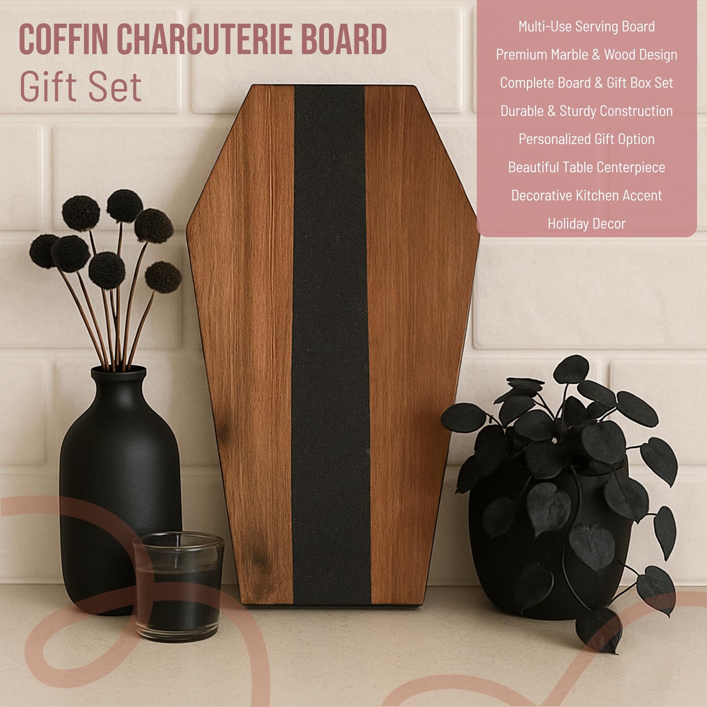 Halloween Coffin Shaped Charcuterie Board, Gothic Serving Tray Wood & Black Marble, Halloween Gifts for Women
