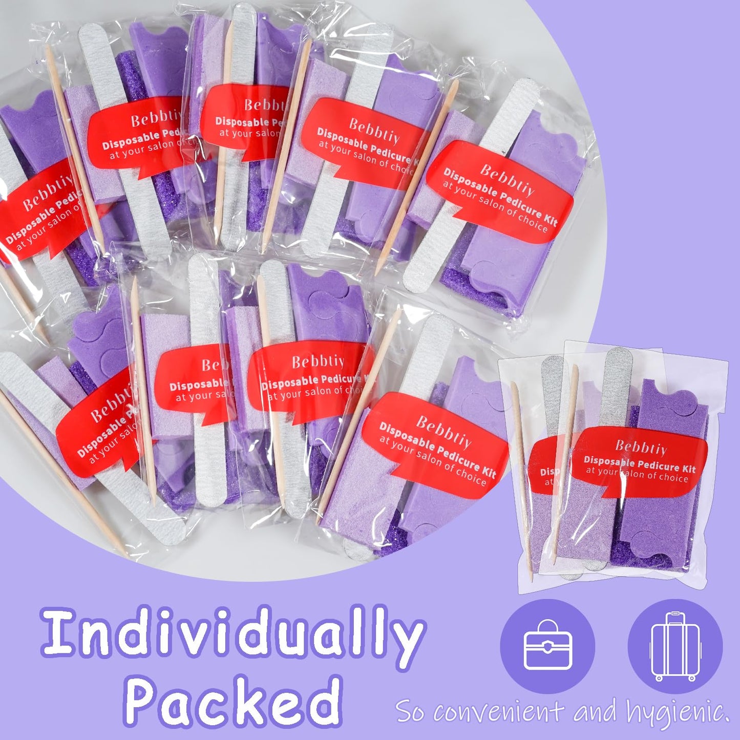 Disposable Pedicure Kit Sets, 5 in 1 Nail Salon Manicure Pedicure Kit Professional, Nail File, Pumice Pad, Mini Buffer, Toe Separator, Wood Stick, Individually Package (20, Count, 80/100 Grit)