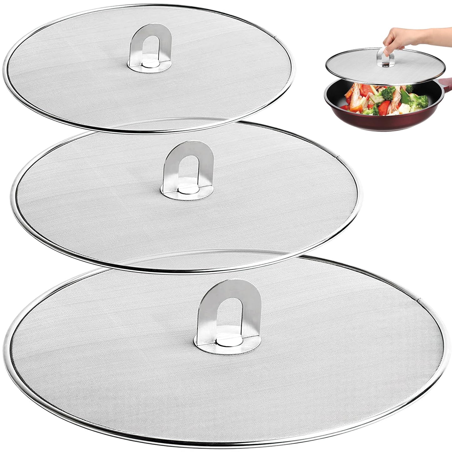 3 Pack Splatter Screen for Frying Pan 13" 11.5" 9.8" Stainless Steel Grease Splatter Guard Ultra Fine Mesh Lids with Fold Flat Knob Set for Prevent Oil Splatter