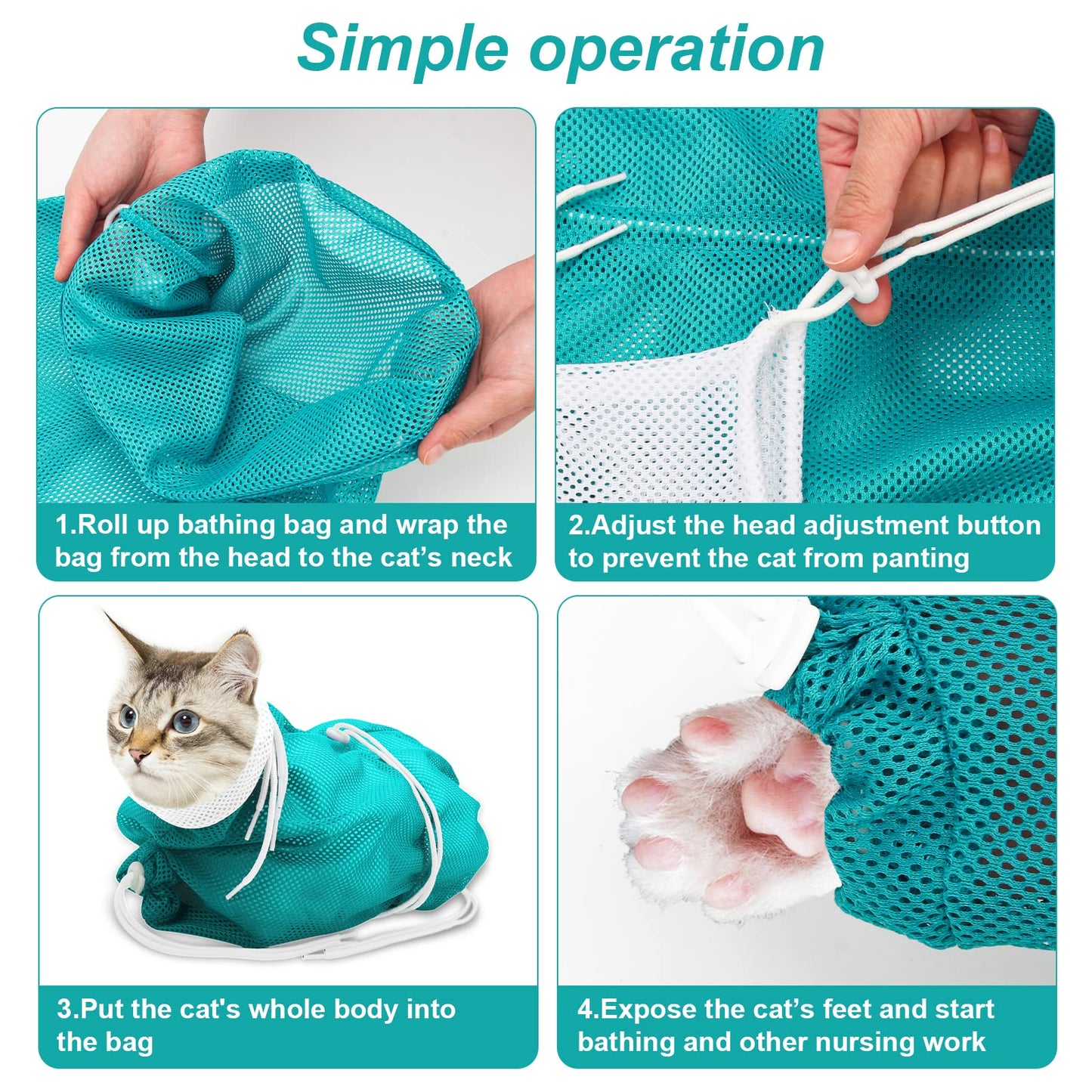 Cat Bathing Bag, Breathable Mesh Cat Shower Washing Bag Anti Scratch Adjustable Cat Grooming Bag for Nail Trimming