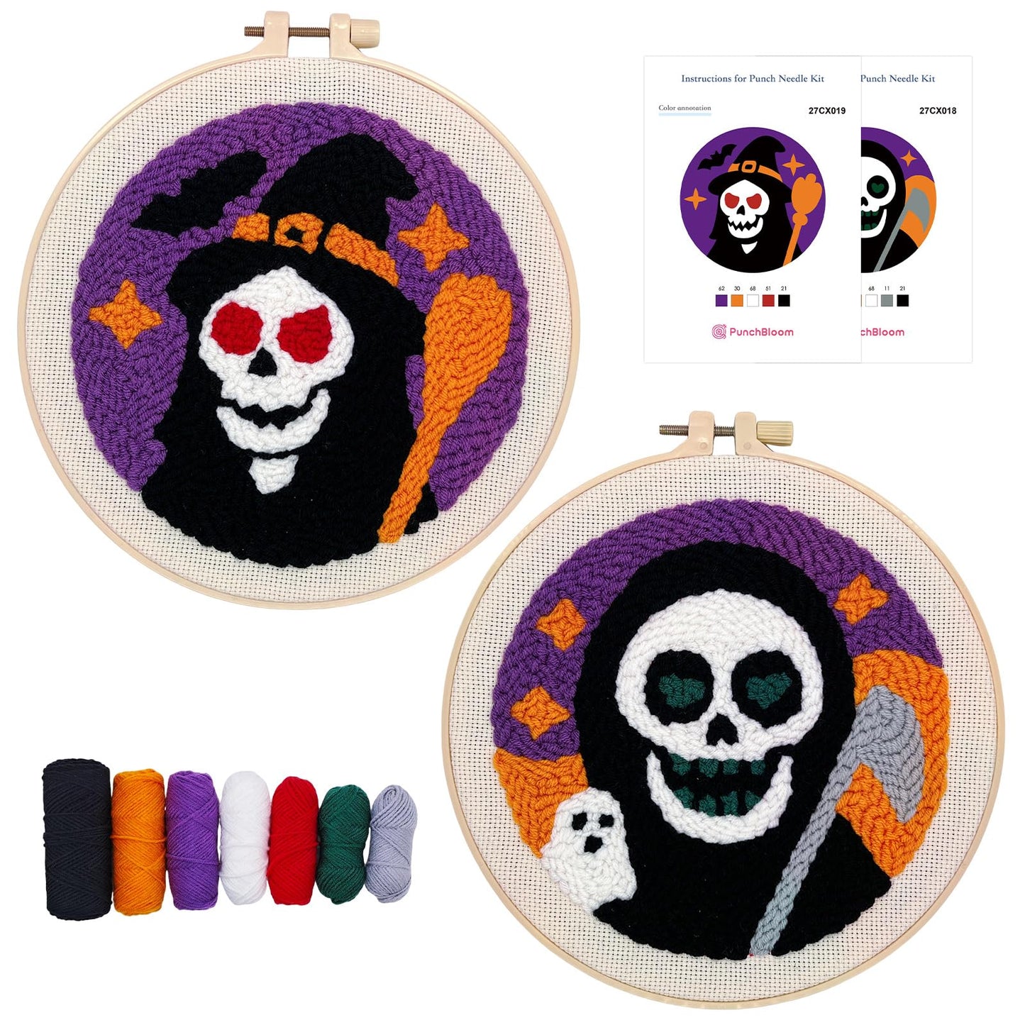 Halloween Punch Needle Kit for Adults Beginners, Easy Punch Embroidery Starter Set with Instruction, Fun DIY Needle Point Craft for Home Decor & Holiday Gift Idea(2pcs Skull Witch & Grim Reaper)