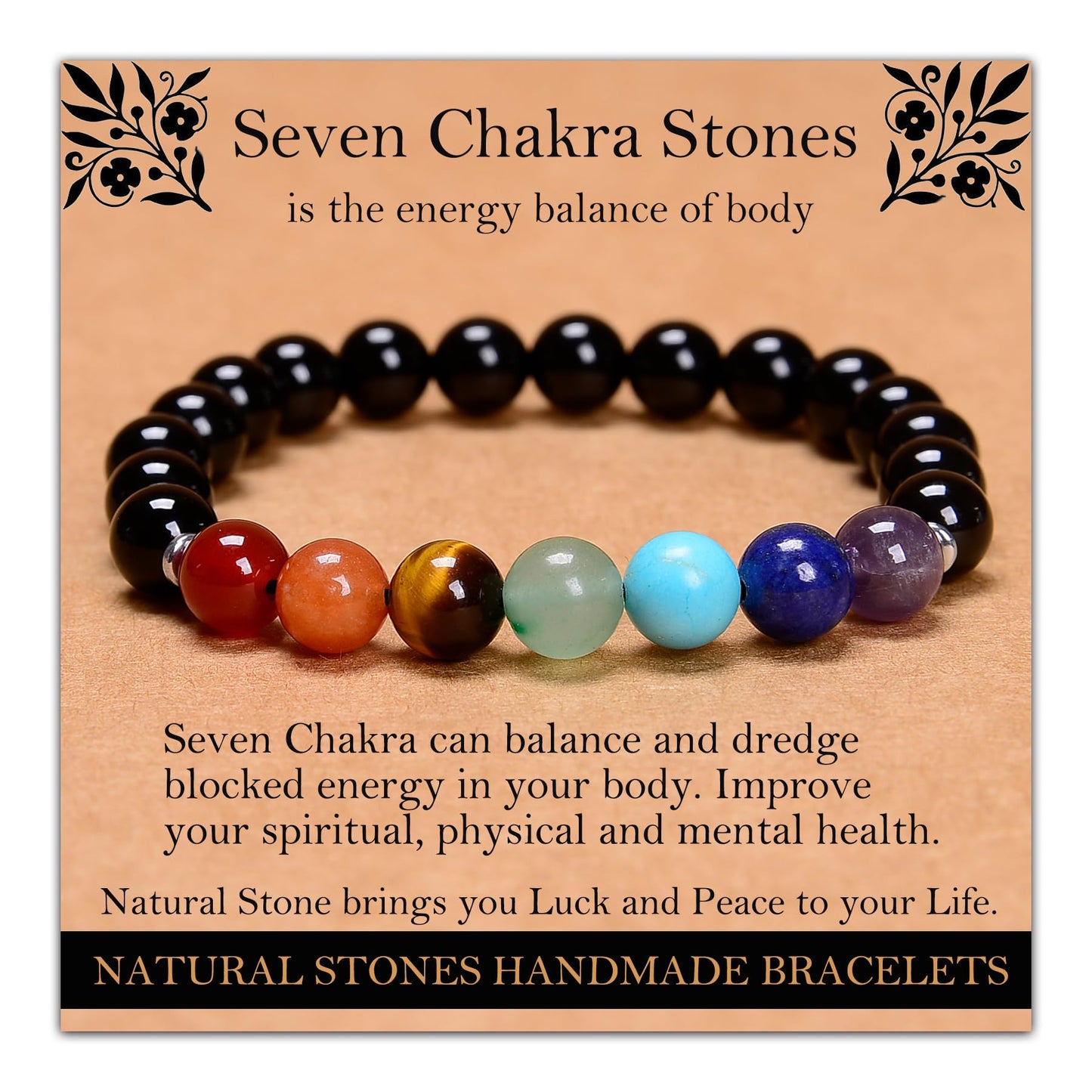 Handmade Natural Gemstone Elastic Bracelet - Healing Crystal Beads Jewelry, Unisex (Seven Chakra Stones, 8mm)