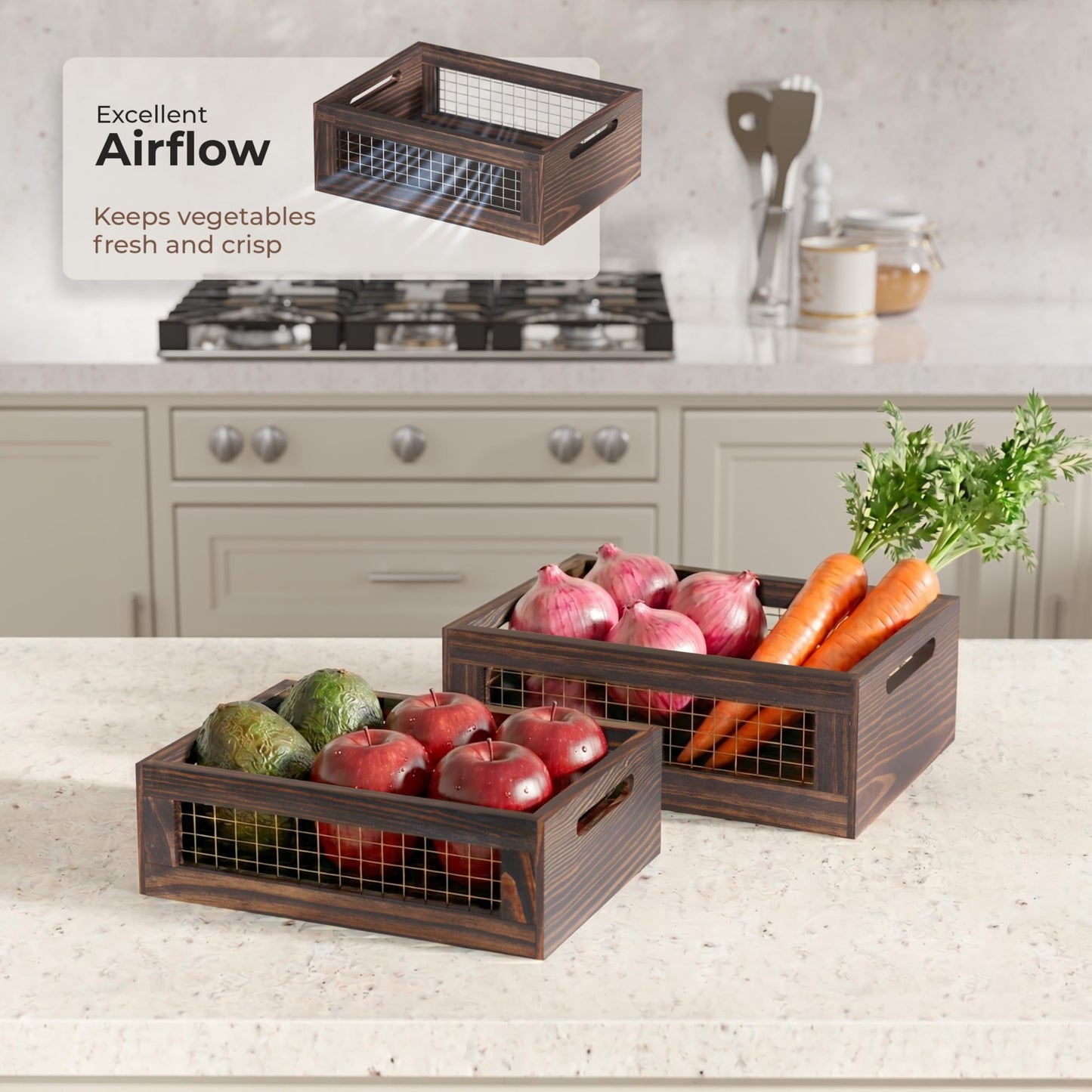 NAGAWOOD Set of 3 Wooden Nesting Countertop Baskets, Rustic Wood Storage Crates with Handles for Kitchen, Pantry, Bathroom, Fruit, Vegetables, Bread