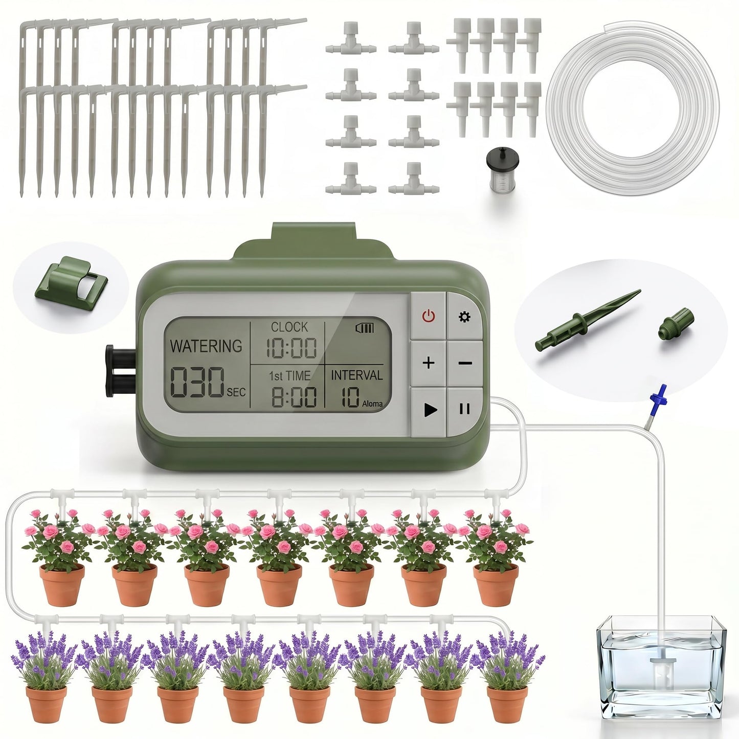 Garden Drip Irrigation System Timed Watering, Programmable Solar Water Drip for 15 Plants, Drip Irrigation Kit with 33FT 1/4'' Tube, 15x Tee Fitting, 15x Flow Valve, 15x Drip Stake(Battery Powered)