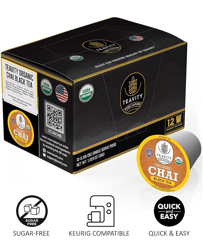 Organic Chai Black Tea Pods for Keurig Naturally Caffeinated by Teavity (36 Tea Pods)
