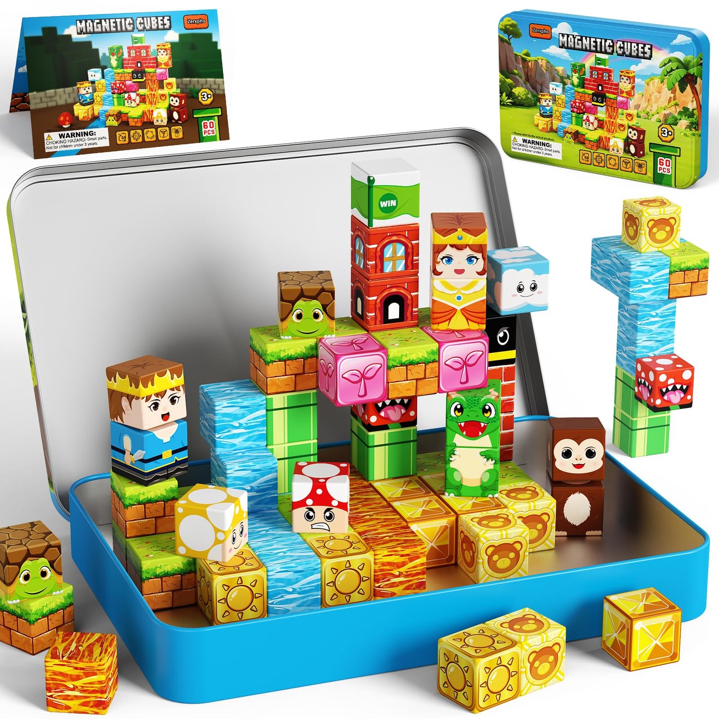 Zerxpho 60PCS Mini Magnetic Building Cubes Set, Adventure-themed Magnetic Blocks, Portable Magnetic Travel Blocks with Iron Case, Educational Toy for Kids STEM & Construction Learning for Kids Aged 3+
