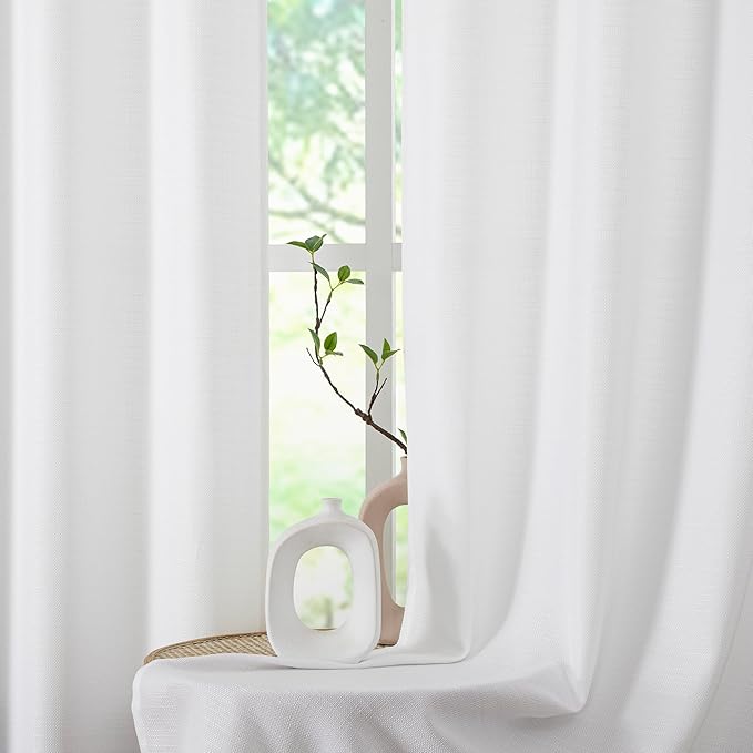 Chyhomenyc White Curtains 90 Inch Length 2 Panels Set, Faux Linen Textured Semi Sheer Light Filtering Soft Airy Privacy Farmhouse Curtain Drapes for Living Room Bedroom, 40 Wx90 L Inches