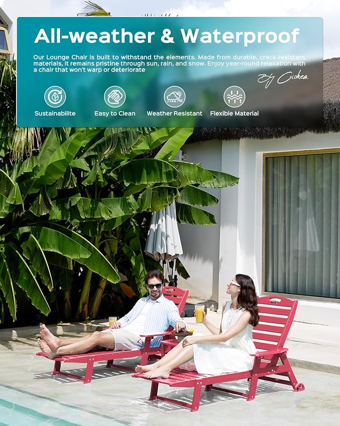 Ciokea Lounge Chair Outdoor, Oversized Chaise Lounge Chair with 5 Positions, HDPE, Patio Lounge Chair with Wheels & Cup Holder for Pool, Deck, Poolside, Red