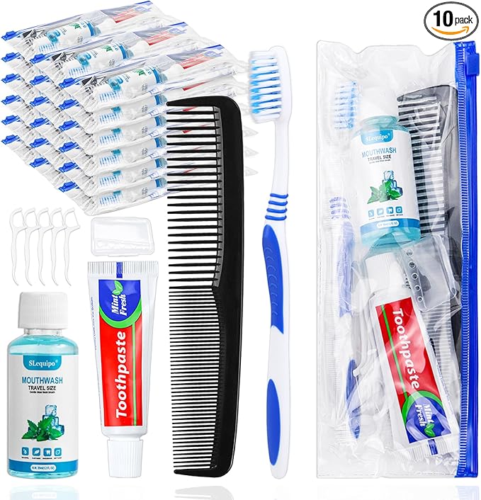 10 Set Travel Toothbrush Kit Bulk,Disposable Toothbrush with Toothpaste Set with Mouthwash,Toothpaste,Cover,Comb,Zip Bag,Floss Picks,Toothbrushes Set for Homeless,Travel