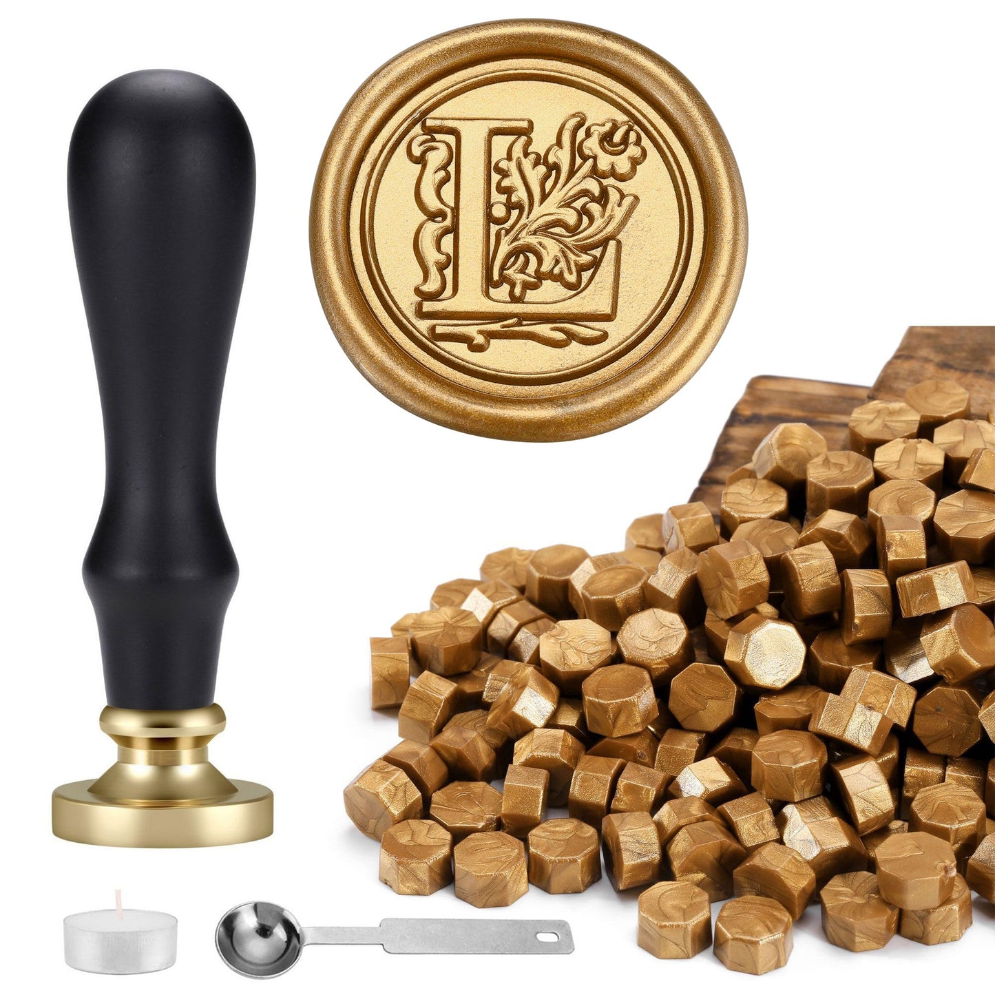 Yoption Traditional Initial Alphabet Wax Seal Stamp with 120 Antique Gold Wax Seal Beads Kit for Wedding Engagement Party Invitation Envelope Christmas Gift Wrap - Letter L