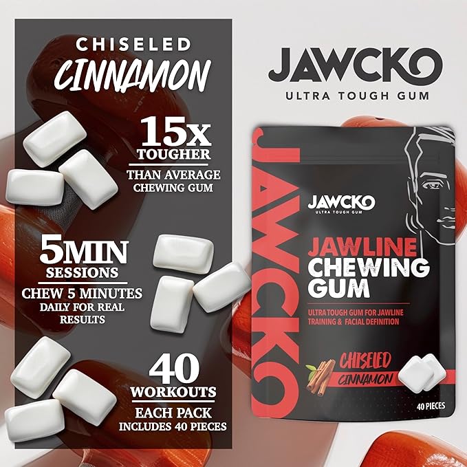 JAWCKO Ultra-Tough Jawline Chewing Gum | Get a Stronger, Squarer Jawline | Cinnamon Jaw Training Hard Gum | 15X Strength | Chisel, Sculpt, & Tone your Jaw | Facial Fitness Mewing Gum | 40 Pieces/Pack