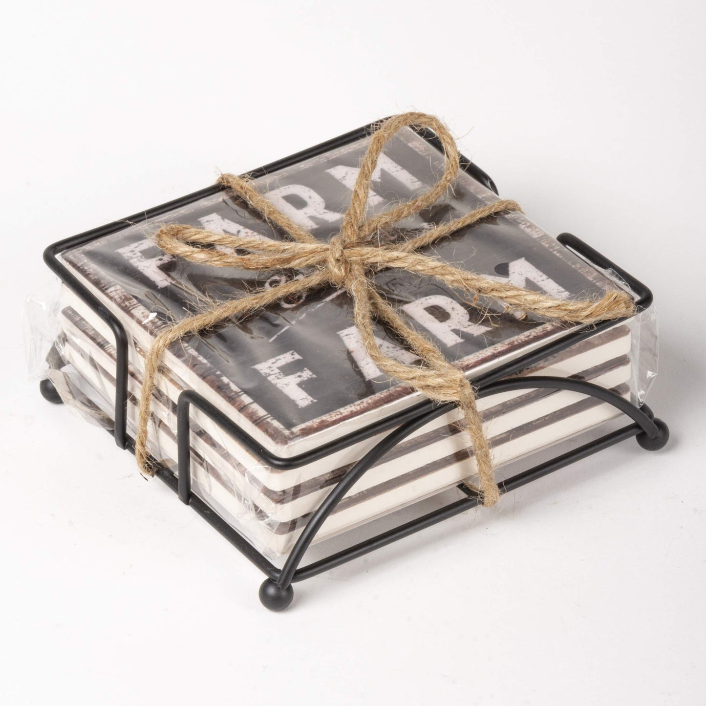 Primitives by Kathy Set of 4 Absorbent Stone Coasters, Rustic Farmhouse Coaster Designs, Farm Sweet Farm, Includes Wire Holder, Slatted Wood Style with Distressed Details, 4 by 4 Inches Each